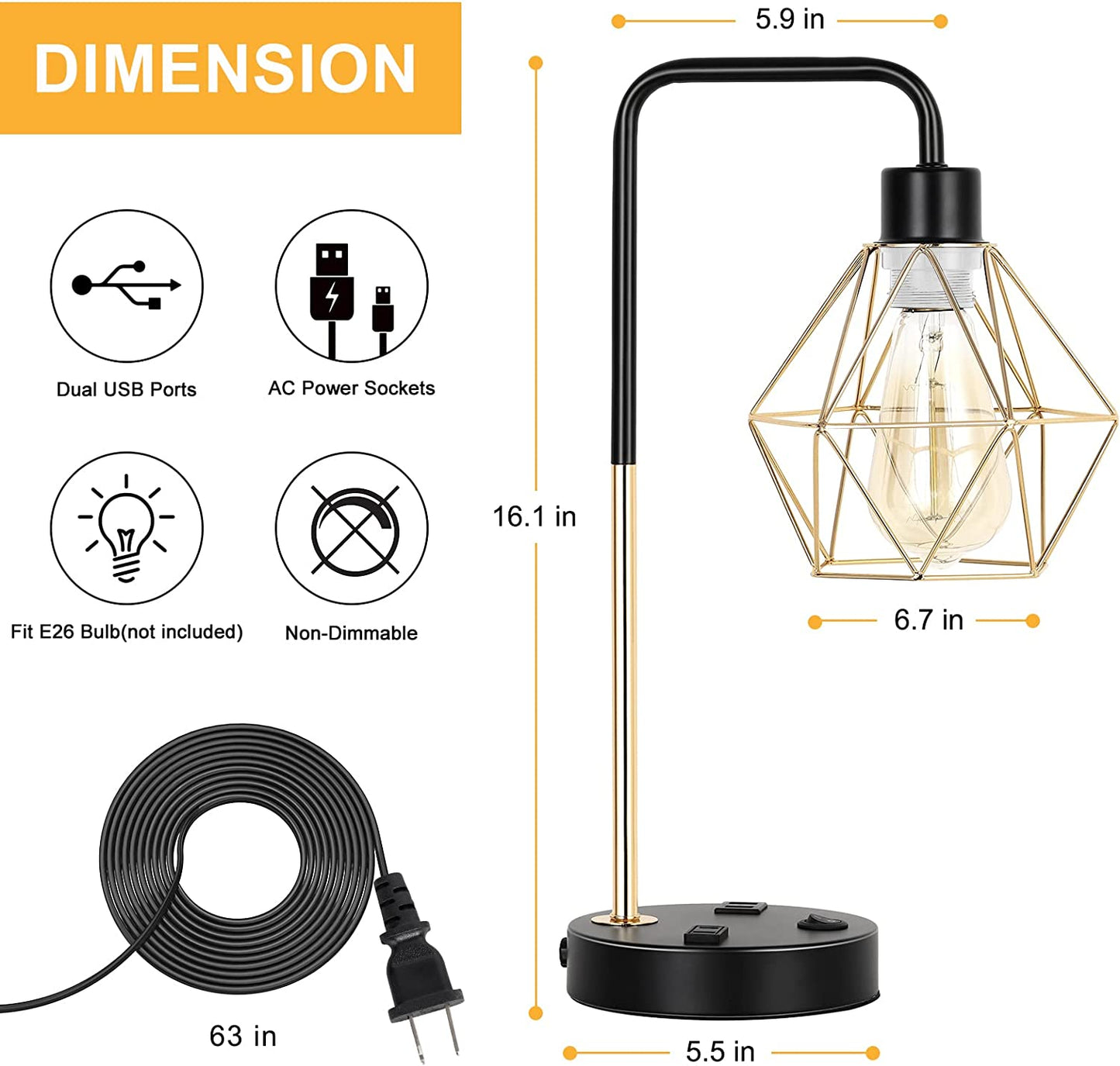 Industrial USB Desk Lamp - Vintage Gold Metal Cage Table Lamp with Dual USB Ports and AC Outlet for Bedroom, Living Room, and Office