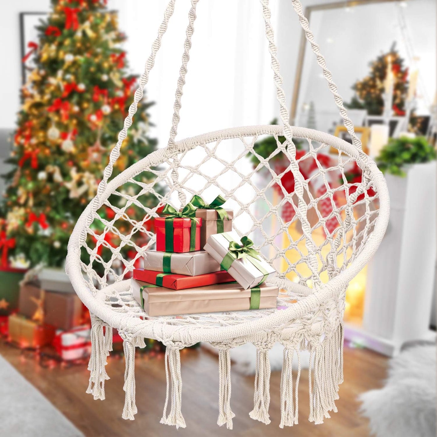 Macrame Hammock Chair with Hanging Hardware Kit - Cotton Rope Swing Chair, Ideal Gift for Girls' Birthdays (Circle, 31.5 inches)