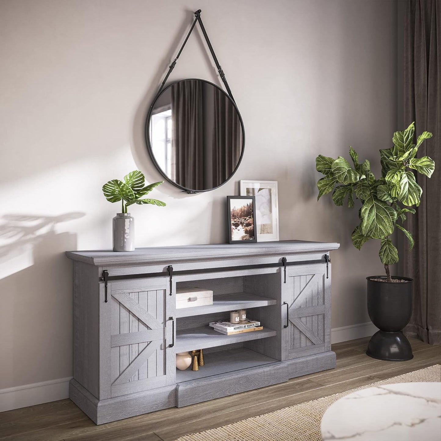 60-Inch Modern Farmhouse TV Stand and Entertainment Center for TVs up to 65 Inches, Featuring Adjustable Shelves and Barn Doors - Ashford in Stone Grey