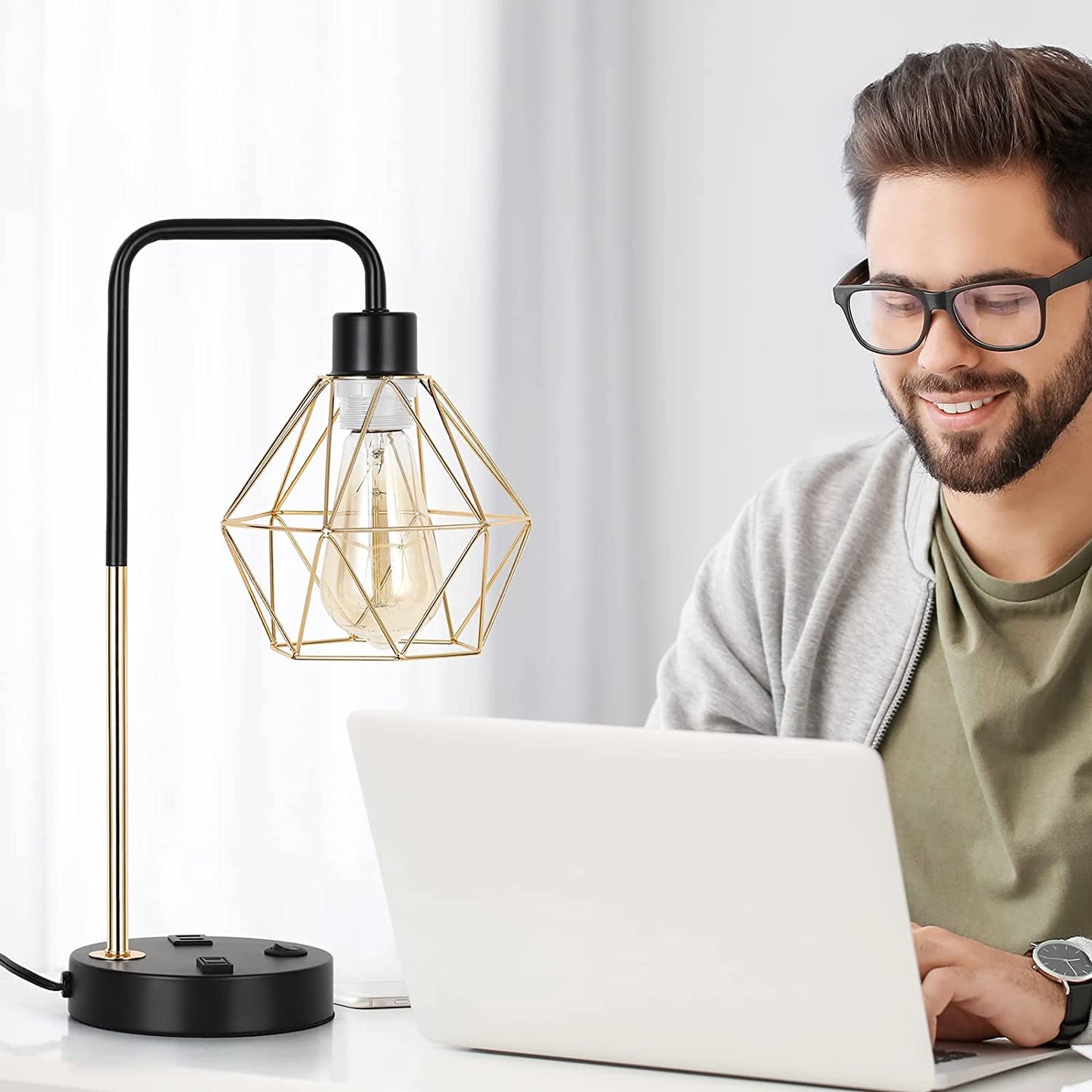 Industrial USB Desk Lamp - Vintage Gold Metal Cage Table Lamp with Dual USB Ports and AC Outlet for Bedroom, Living Room, and Office