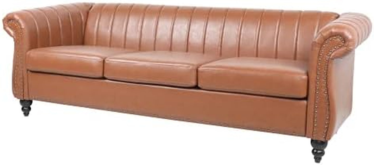 Chesterfield 3-Seater Sofa in PU Leather with Rolled Arms and Studded Accents, Featuring Rotating Solid Wood Legs for Living Room (Bronze)