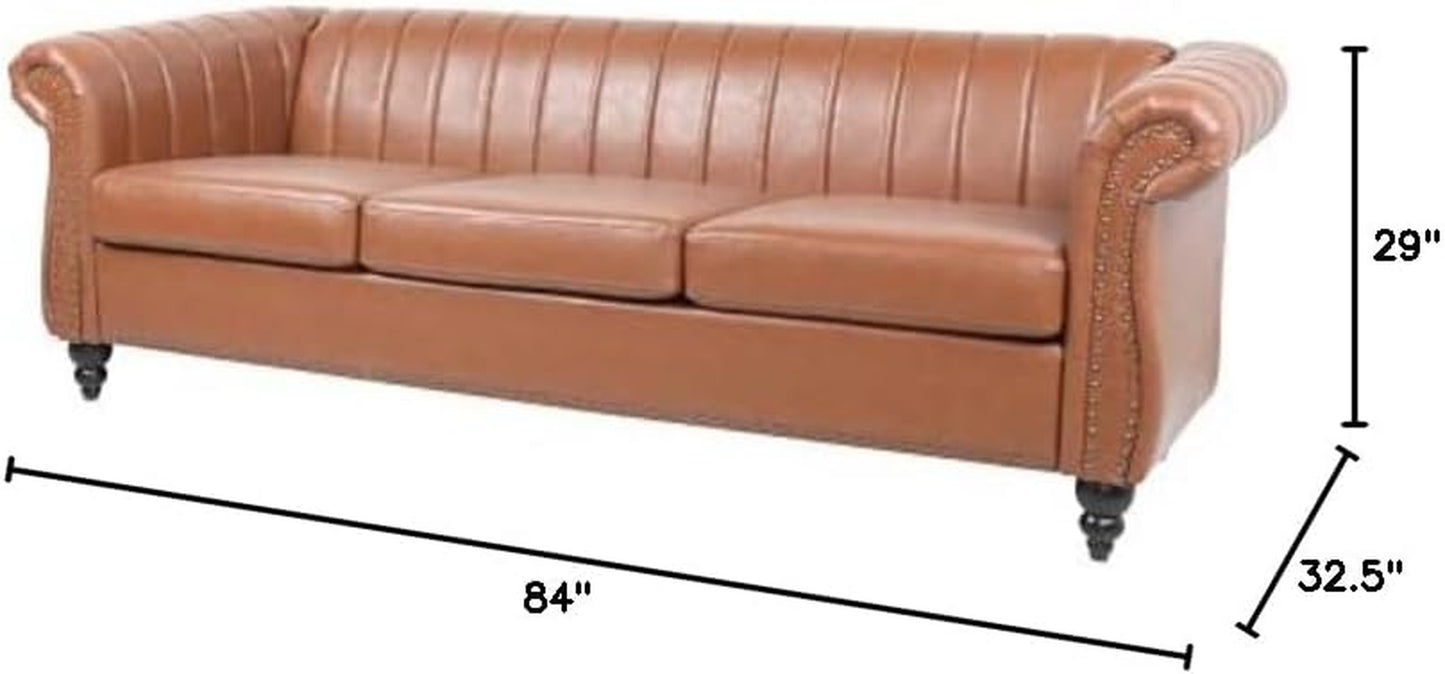 Chesterfield 3-Seater Sofa in PU Leather with Rolled Arms and Studded Accents, Featuring Rotating Solid Wood Legs for Living Room (Bronze)