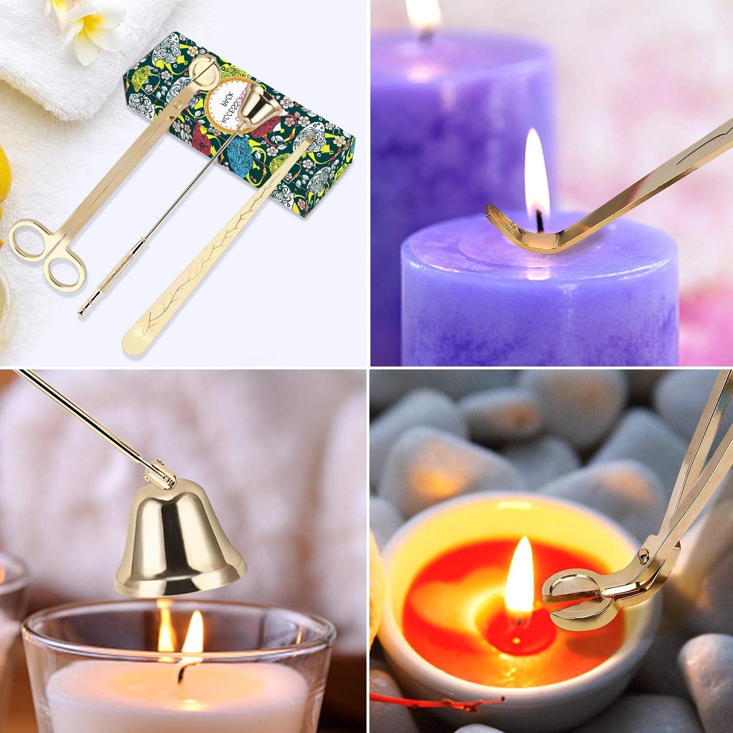 3-in-1 Candle Accessory Set - Wick Trimmer, Snuffer, and Dipper in Elegant Champagne Gold Gift Packaging for Candle Enthusiasts