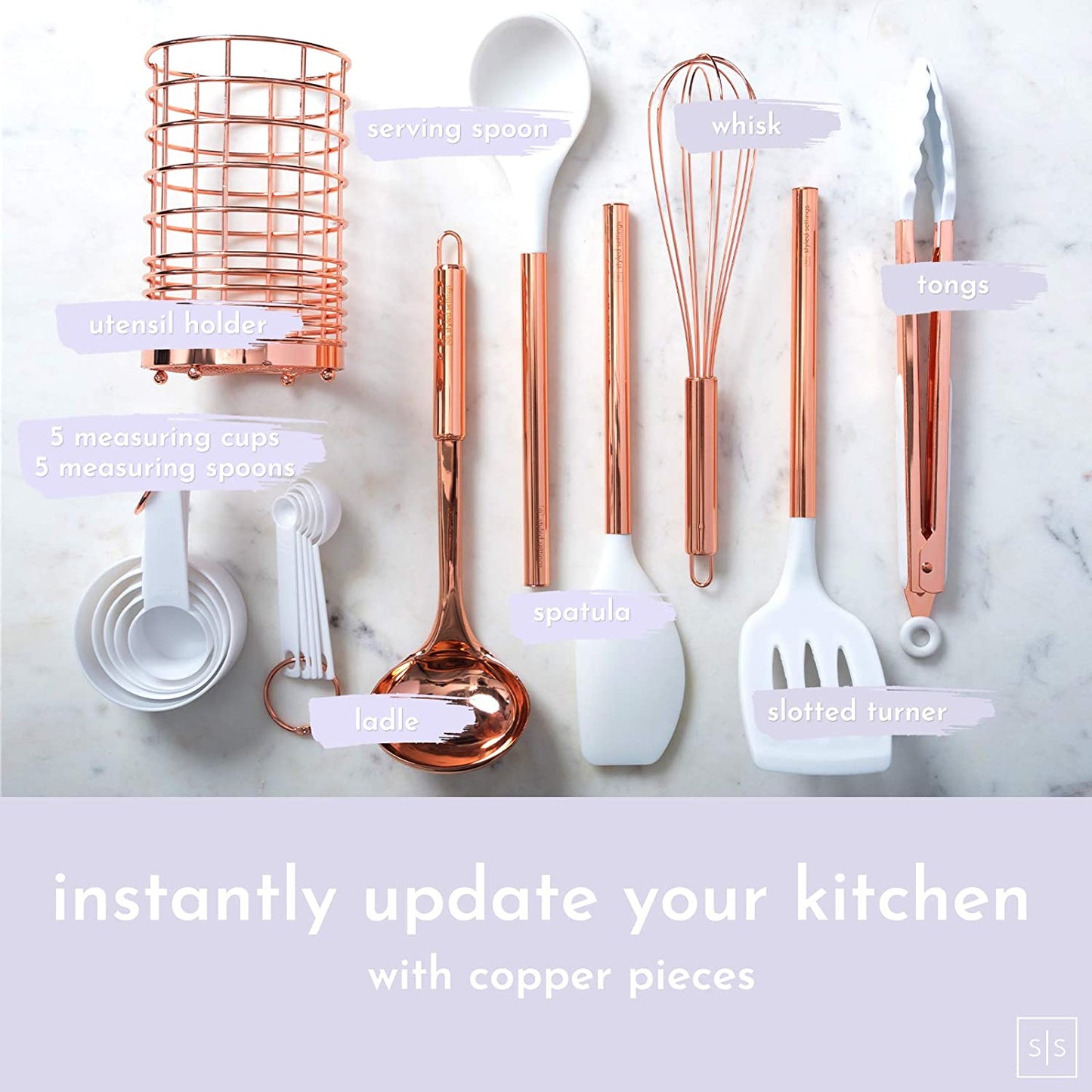 17-Piece Rose Gold Silicone and Copper Kitchen Utensil Set with Holder - Includes Measuring Cups, Spoons, and Utensils for Nonstick Cookware - Elegant Copper Kitchen Accessories