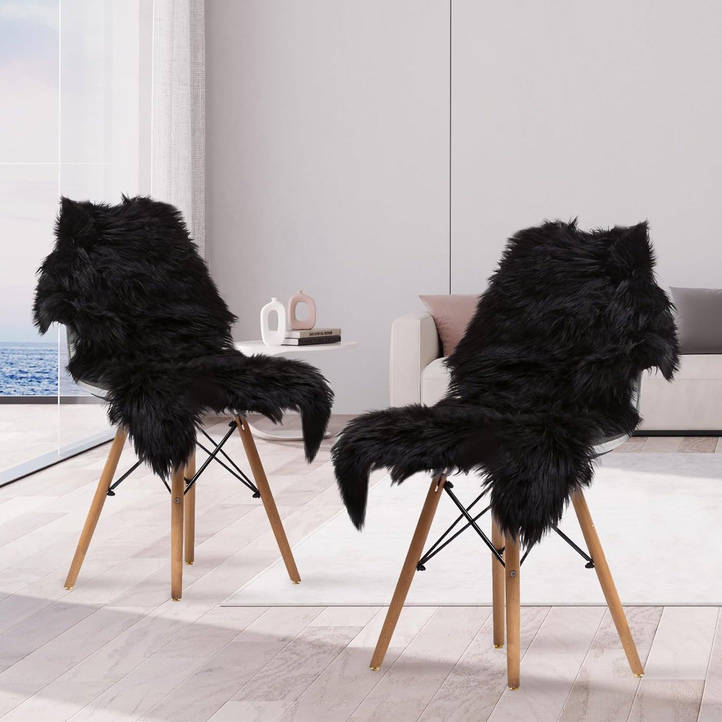 Faux Sheepskin Fur Area Rug Set, Black, 2x3 Feet, Fluffy Soft Plush Shaggy Carpet for Indoor Use, Ideal for Sofa, Chair, Bedroom, Living Room, and Home Décor