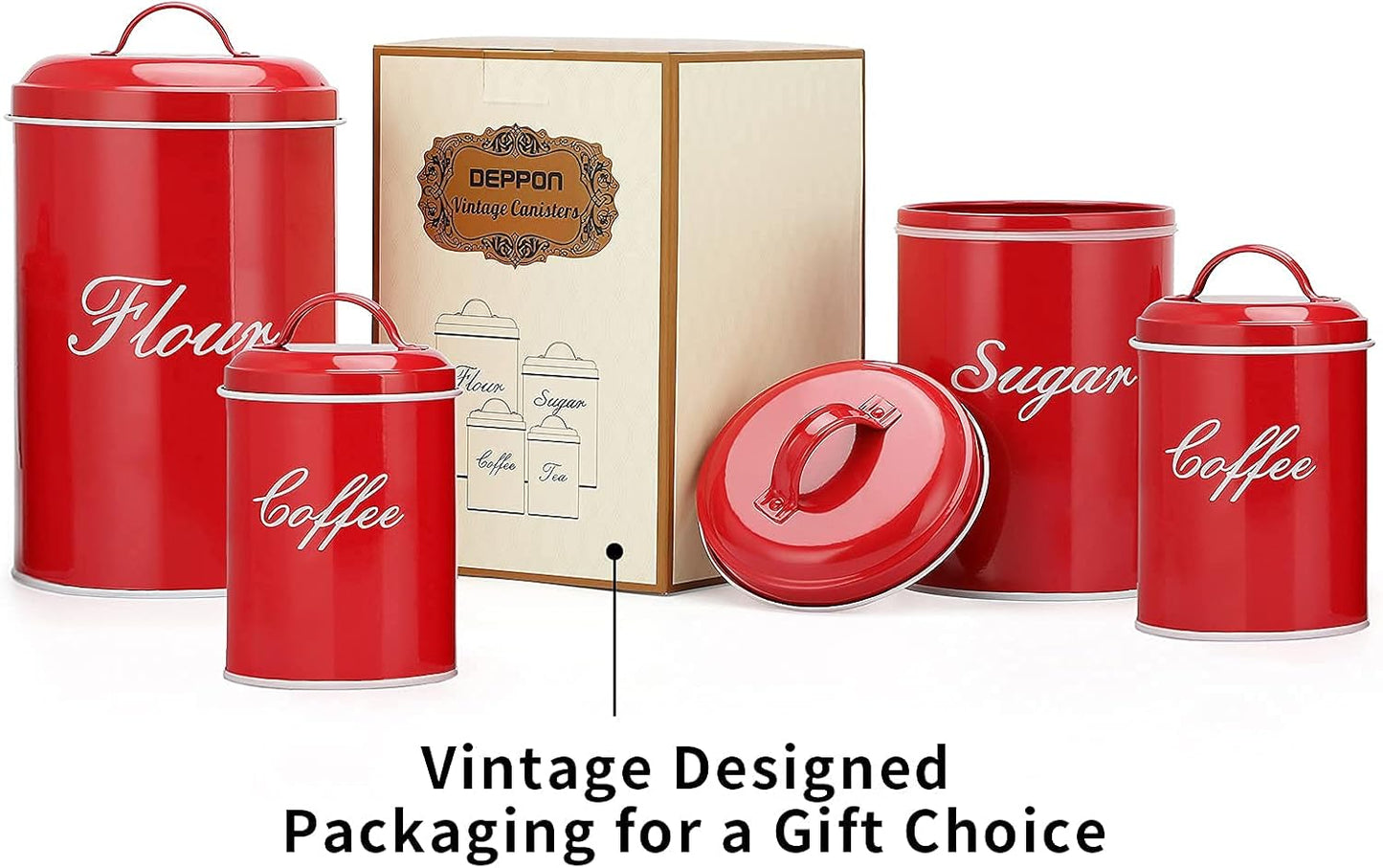 Kitchen Canister Set, Vintage Farmhouse Food Storage Containers for Flour and Coffee, 4-Pack with Removable Lids (Red)