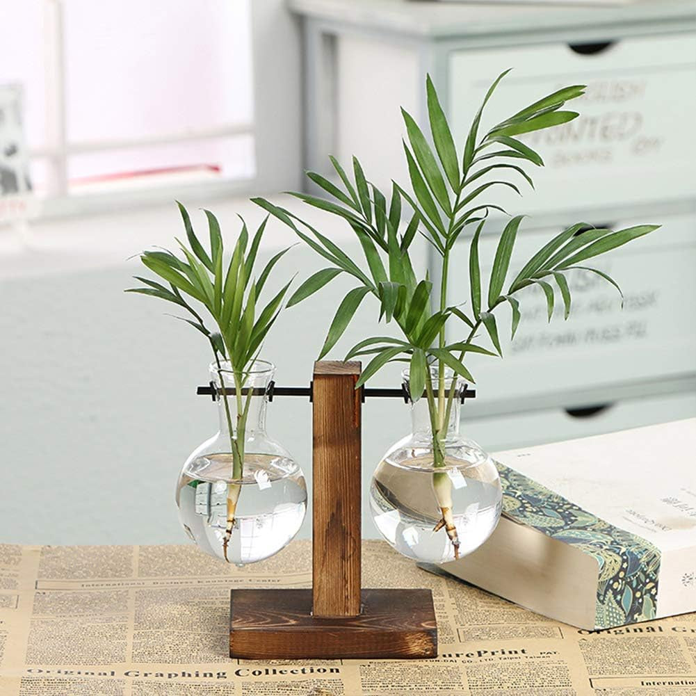Hydroponic Glass Planter Vase with Wooden Stand - Elegant Terrarium-Style Floral Display for Office and Wedding Decor