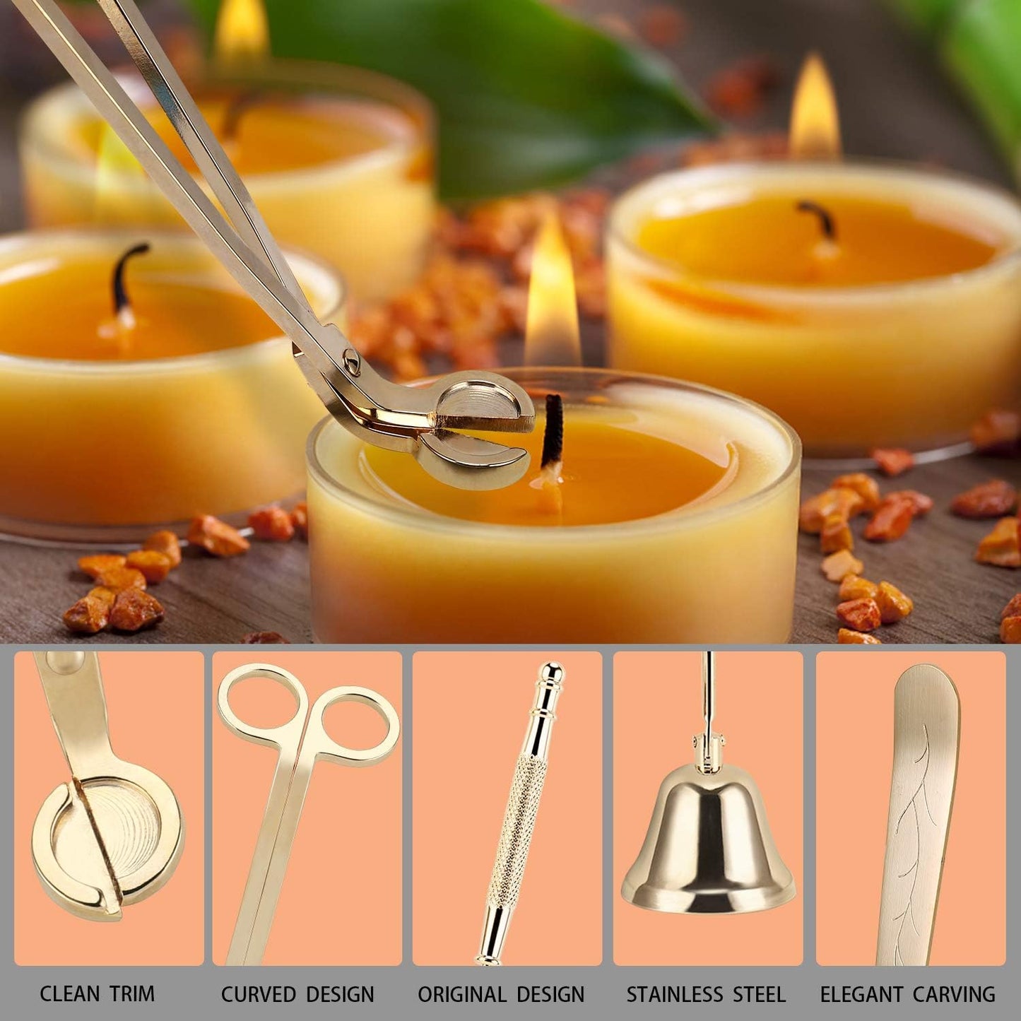 3-in-1 Candle Accessory Set - Wick Trimmer, Snuffer, and Dipper in Elegant Champagne Gold Gift Packaging for Candle Enthusiasts
