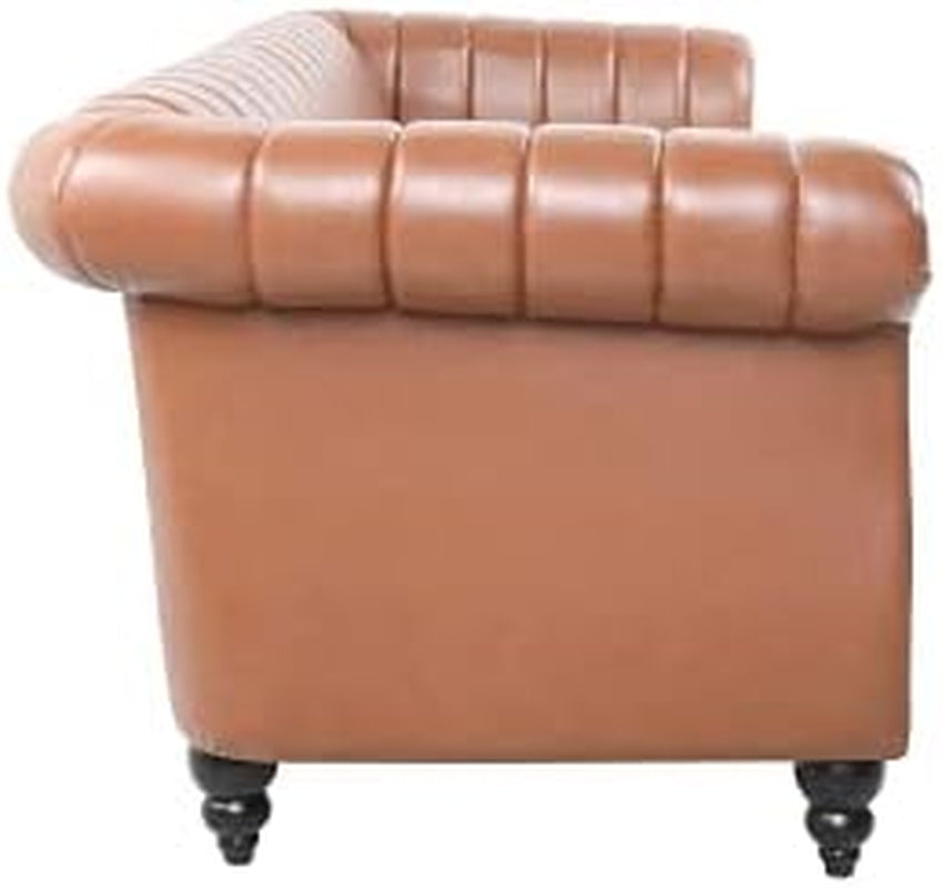 Chesterfield 3-Seater Sofa in PU Leather with Rolled Arms and Studded Accents, Featuring Rotating Solid Wood Legs for Living Room (Bronze)