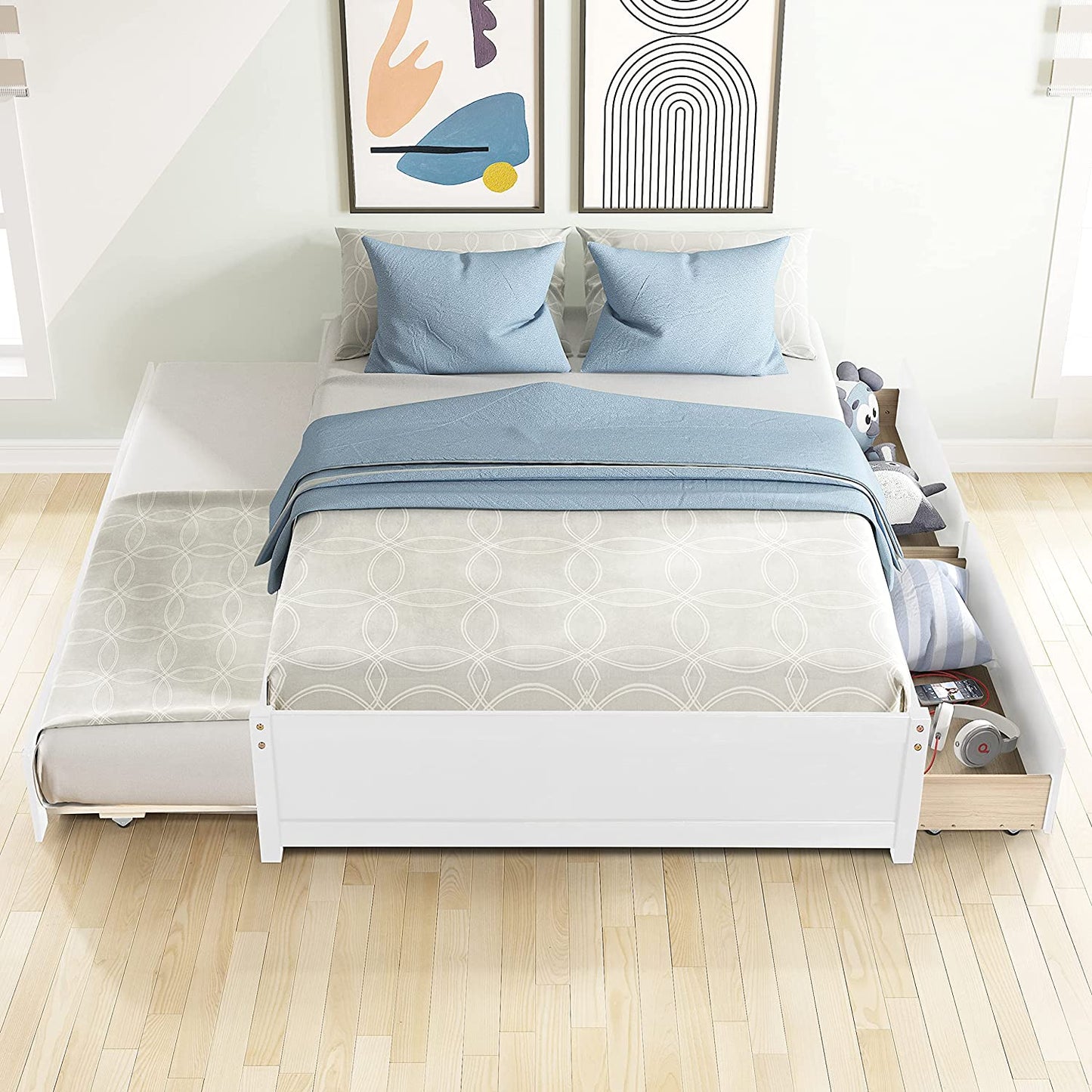 Full Bed with Trundle and Dual Storage Drawers, Space-Saving Wood Platform Bed Frame for All Ages (Full, White)