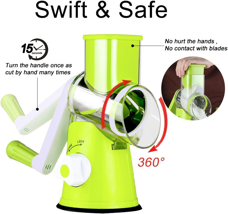 Hand Crank Rotary Cheese Grater and Kitchen Shredder with Drum Blades for Cheese, Vegetables, Nuts, and Chocolate - Includes 3 Blades, Green
