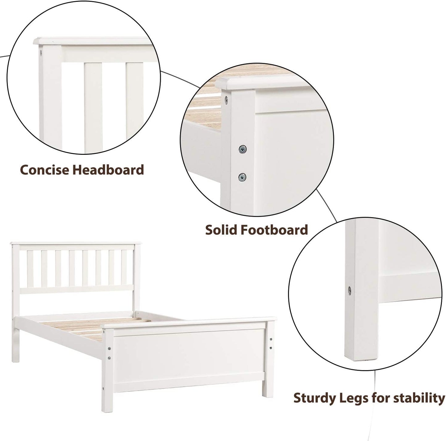 Classic White Wood Twin Bed Frame with Headboard and Footboard - No Box Spring Required