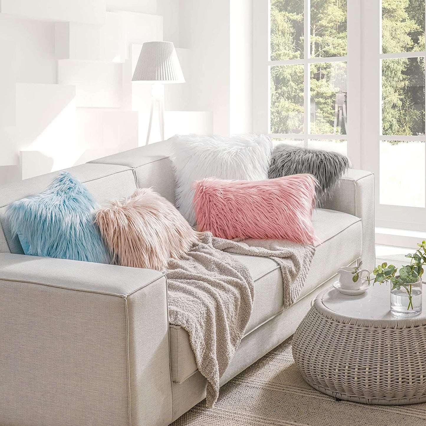Mongolian Luxury Faux Fur Decorative Pillow Cover, Fluffy True White Cushion Case for Bedroom and Couch, 18 x 18 Inches