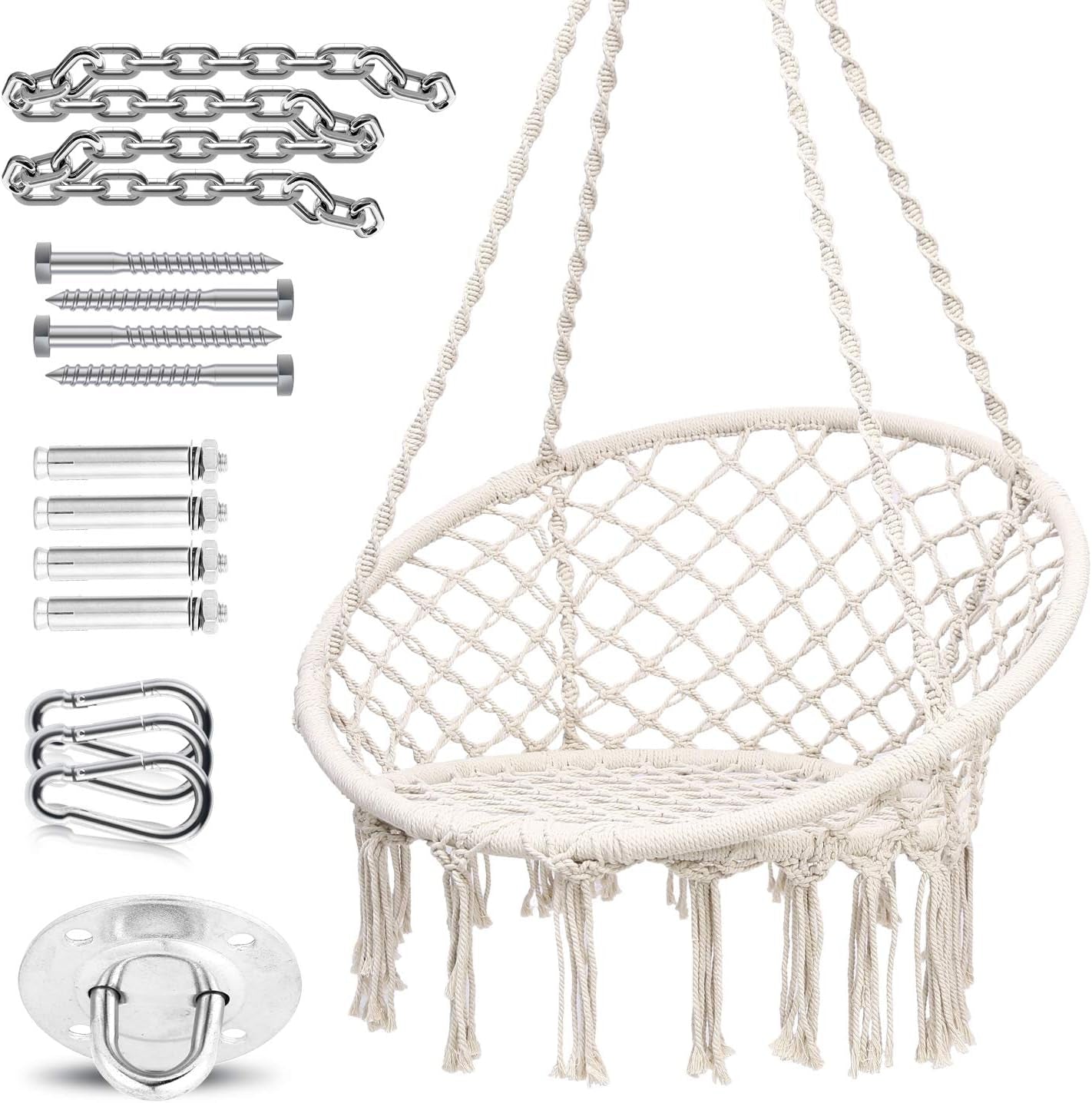 Macrame Hammock Chair with Hanging Hardware Kit - Cotton Rope Swing Chair, Ideal Gift for Girls' Birthdays (Circle, 31.5 inches)