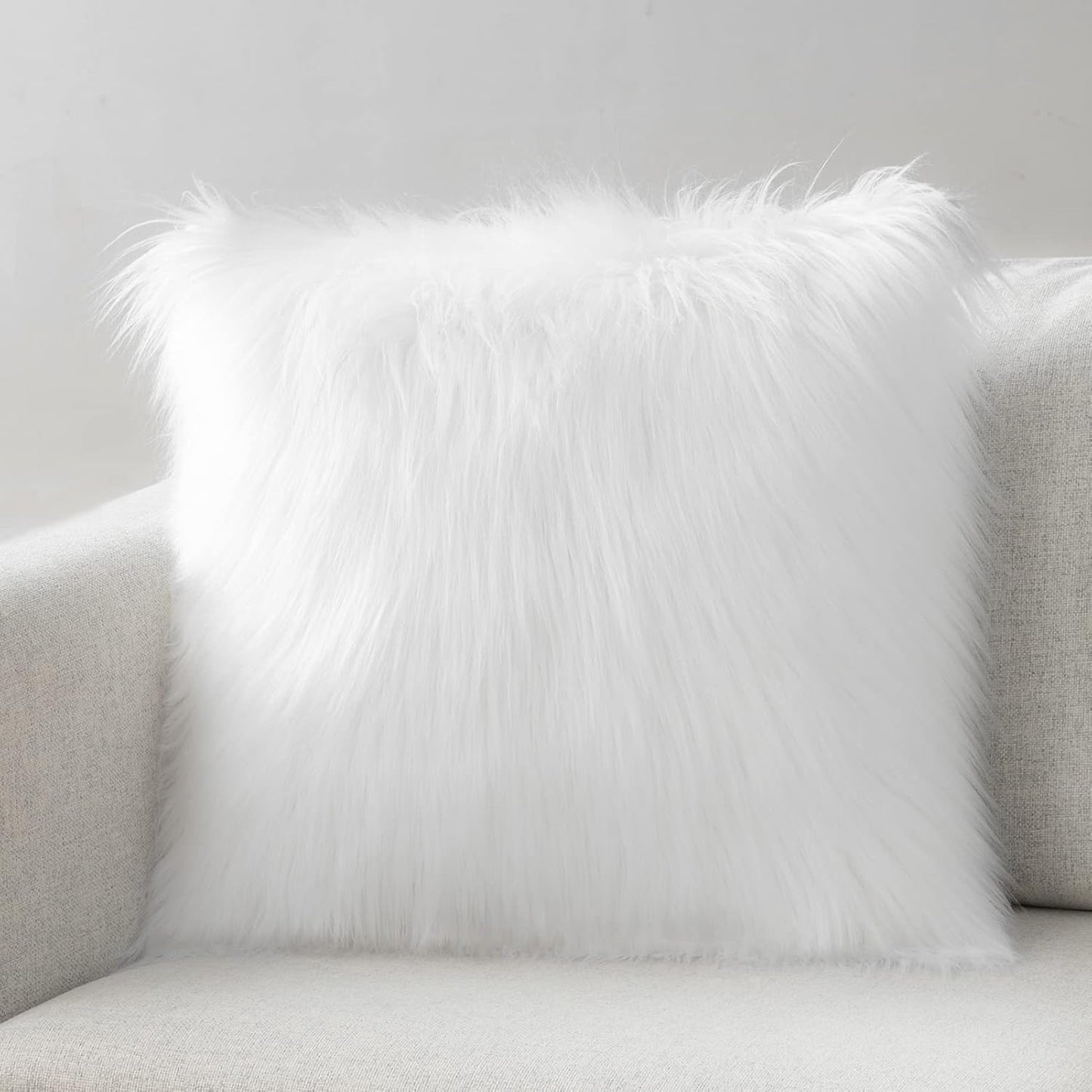 Mongolian Luxury Faux Fur Decorative Pillow Cover, Fluffy True White Cushion Case for Bedroom and Couch, 18 x 18 Inches