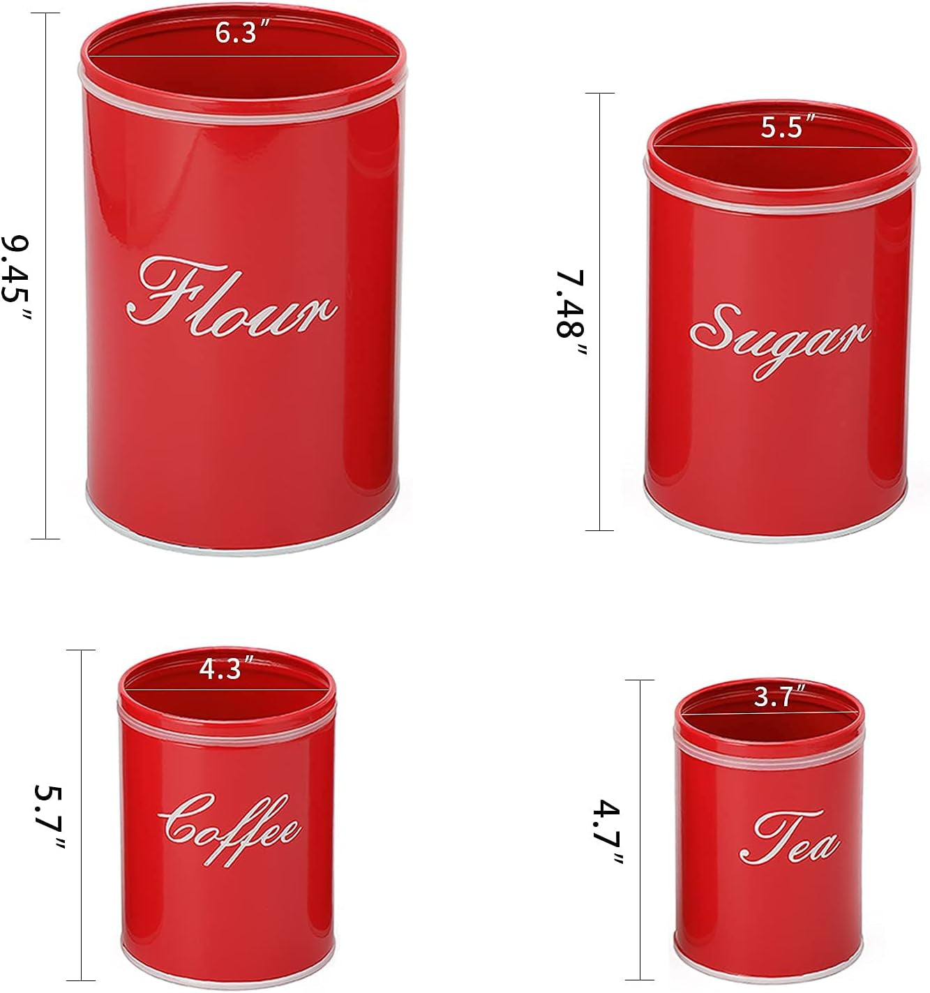 Kitchen Canister Set, Vintage Farmhouse Food Storage Containers for Flour and Coffee, 4-Pack with Removable Lids (Red)