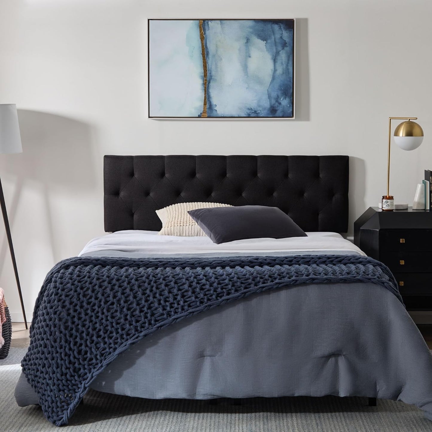 Queen Size Mid-Rise Upholstered Headboard with Diamond Tufting - Adjustable Height 34” to 46” - Padded Polyester - Versatile Bed Frame or Wall Mount - Sturdy Black Design - Easy Assembly