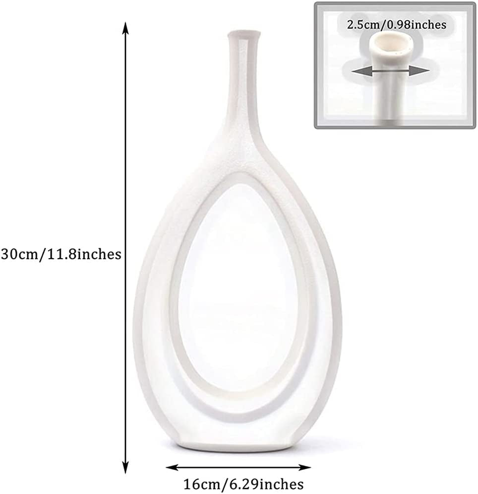 Ceramic White Oval Geometric Vase, 11 Inches