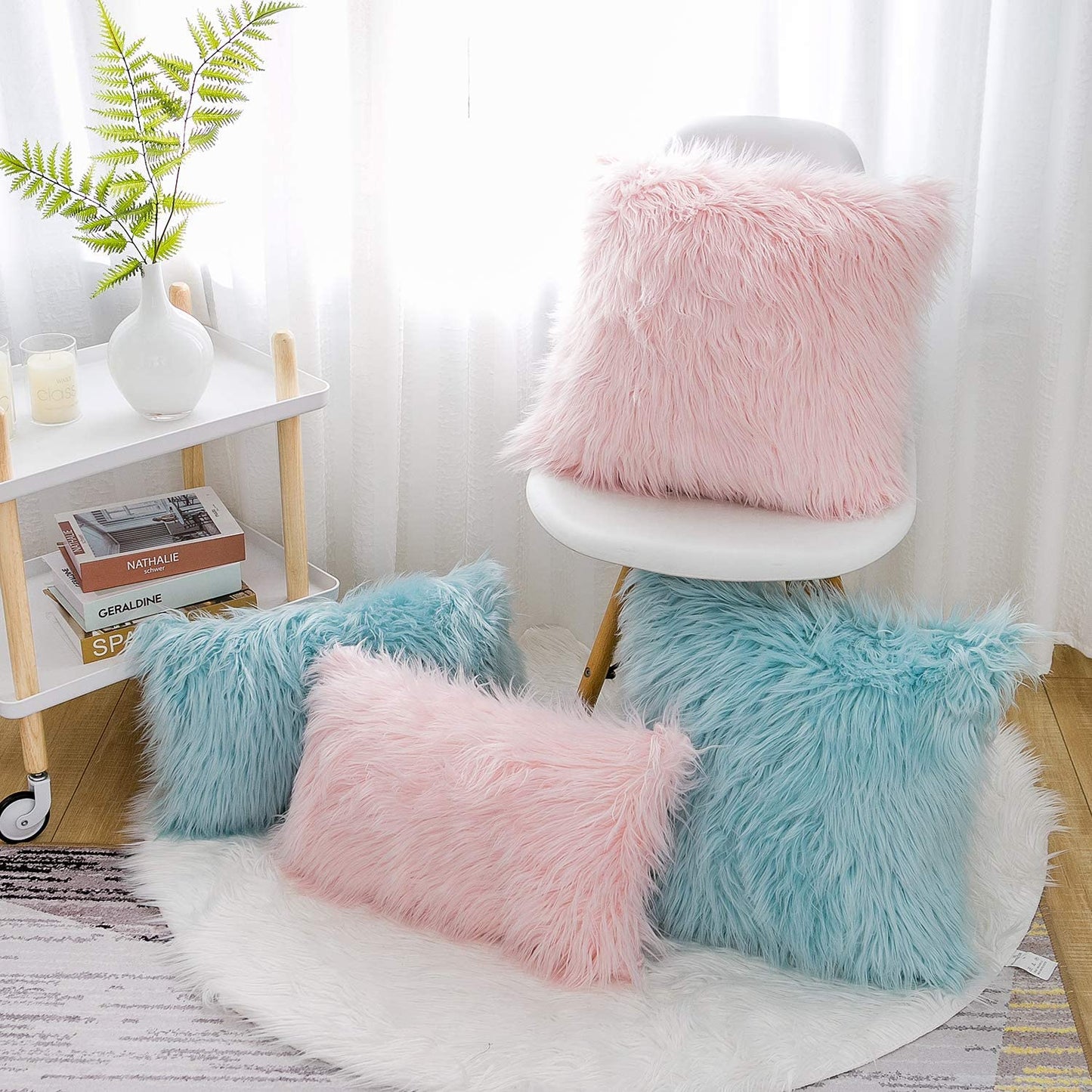 Set of 2 Luxury Blush Faux Fur Decorative Pillow Covers - Merino Style, 18x18 Inch Square Cushions