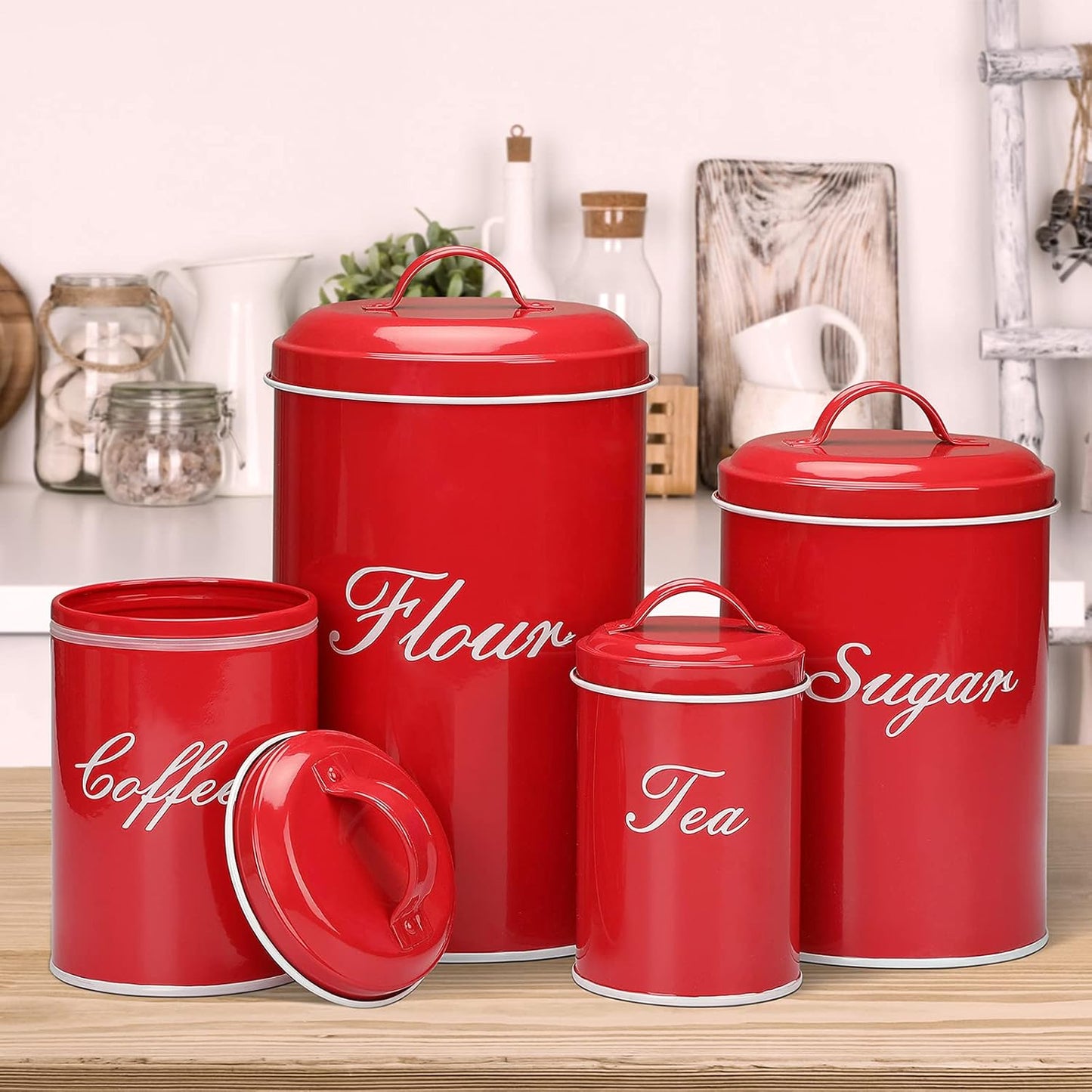 Kitchen Canister Set, Vintage Farmhouse Food Storage Containers for Flour and Coffee, 4-Pack with Removable Lids (Red)