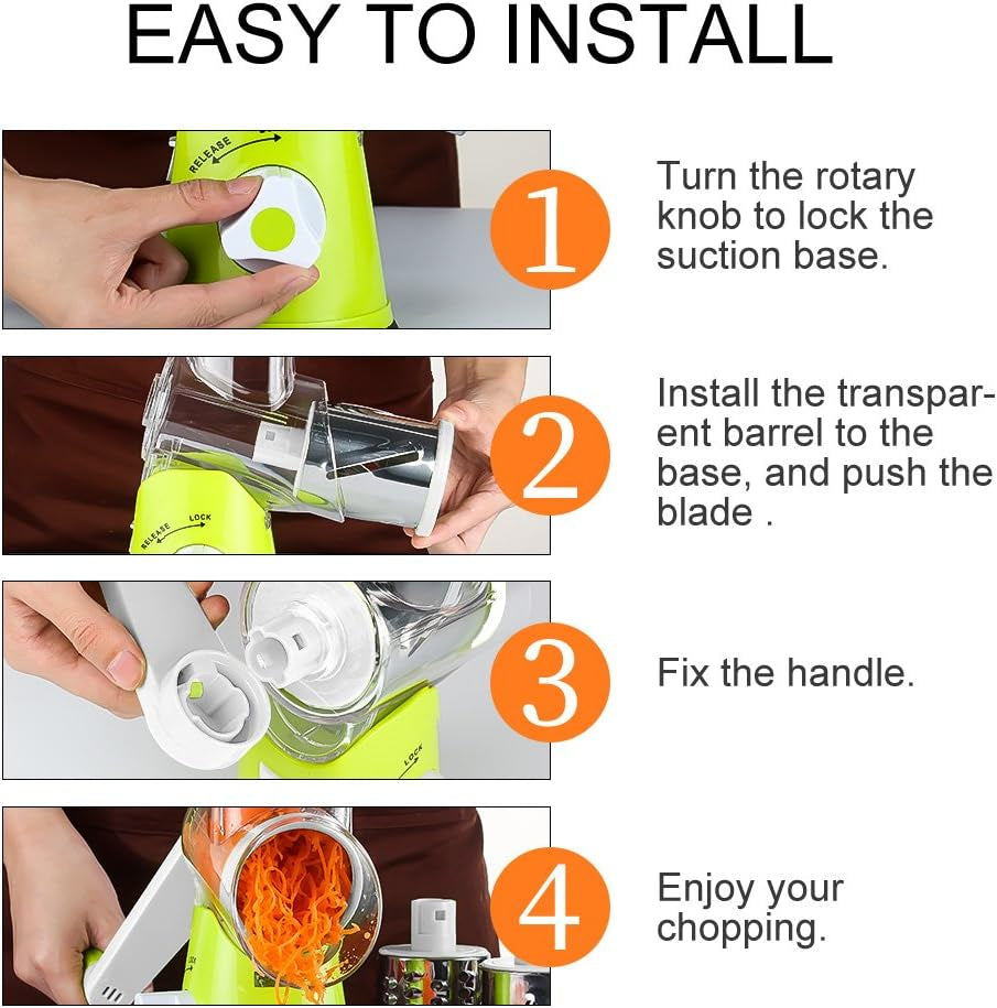 Hand Crank Rotary Cheese Grater and Kitchen Shredder with Drum Blades for Cheese, Vegetables, Nuts, and Chocolate - Includes 3 Blades, Green