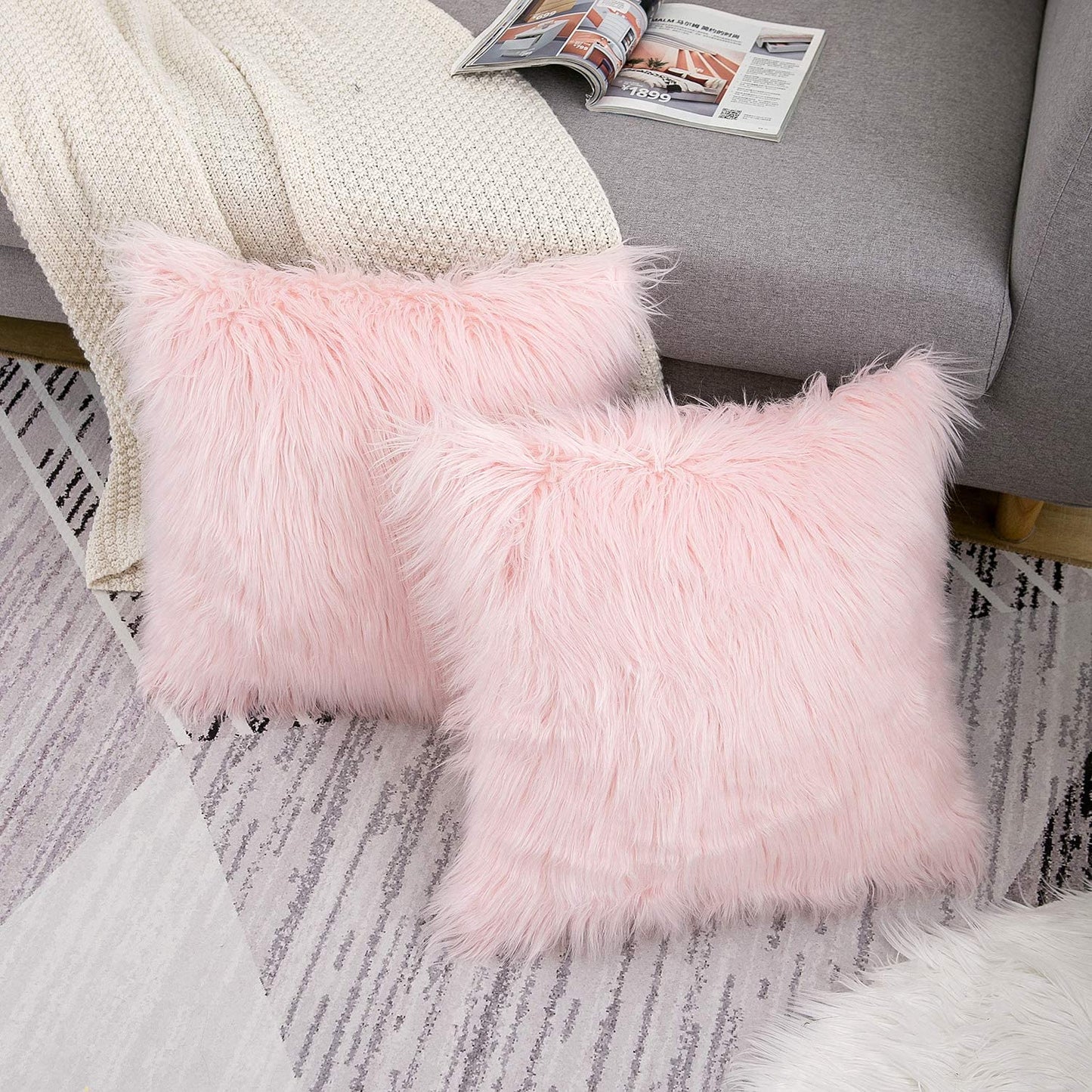Set of 2 Luxury Blush Faux Fur Decorative Pillow Covers - Merino Style, 18x18 Inch Square Cushions