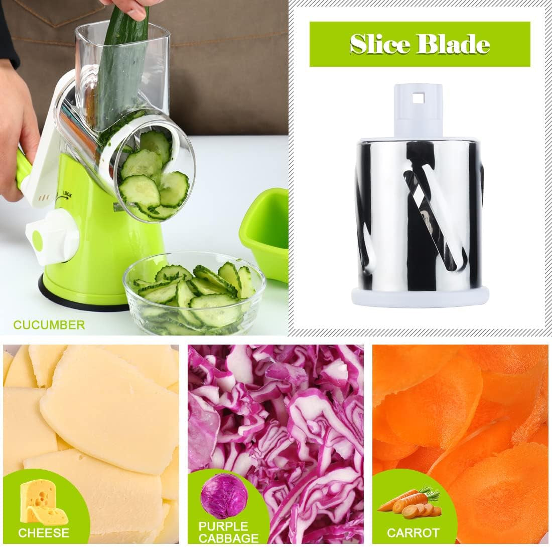 Hand Crank Rotary Cheese Grater and Kitchen Shredder with Drum Blades for Cheese, Vegetables, Nuts, and Chocolate - Includes 3 Blades, Green