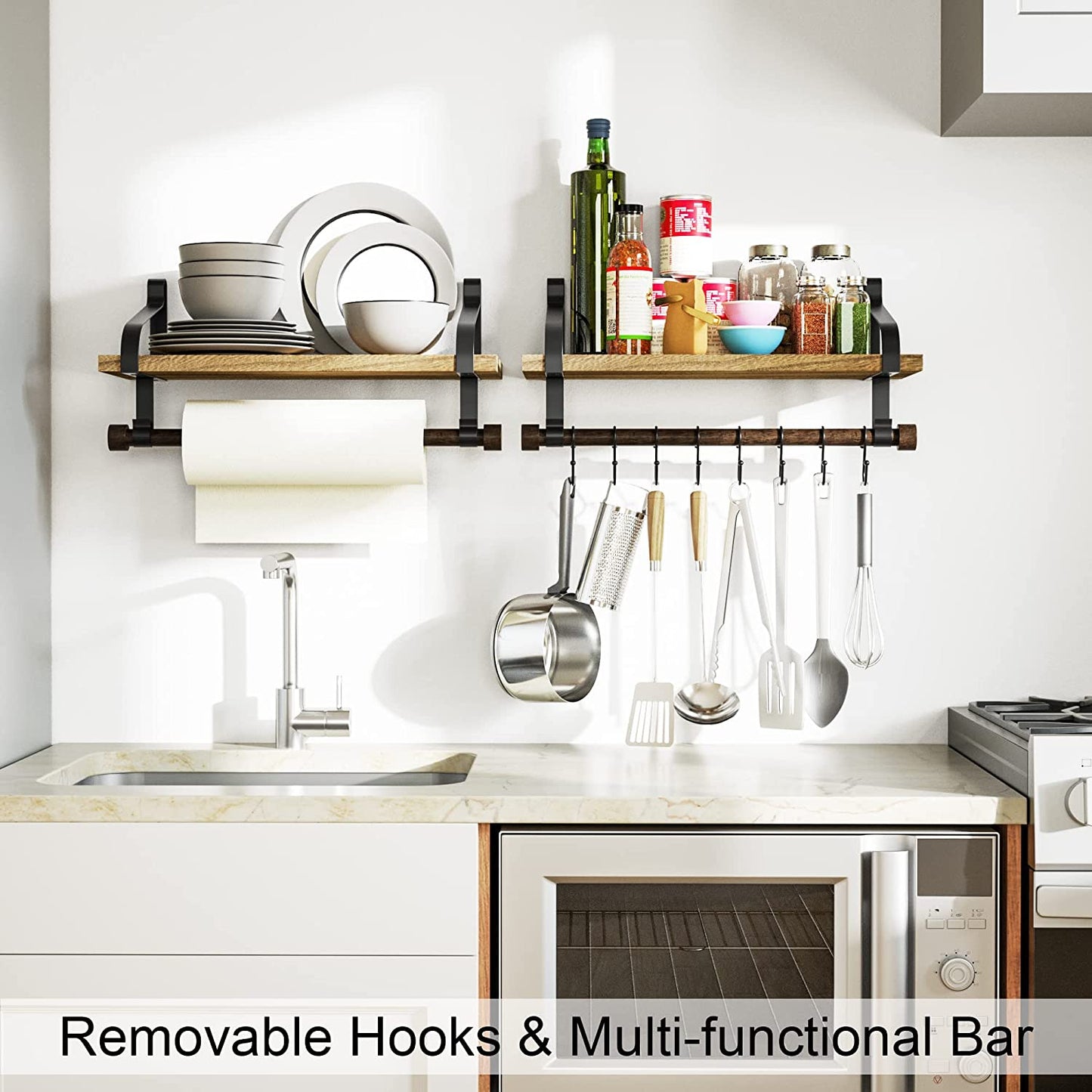 Rustic Carbonized Black Floating Shelf with Towel Bar and 8 Removable Hooks for Kitchen Spice Organization and Utensil Storage