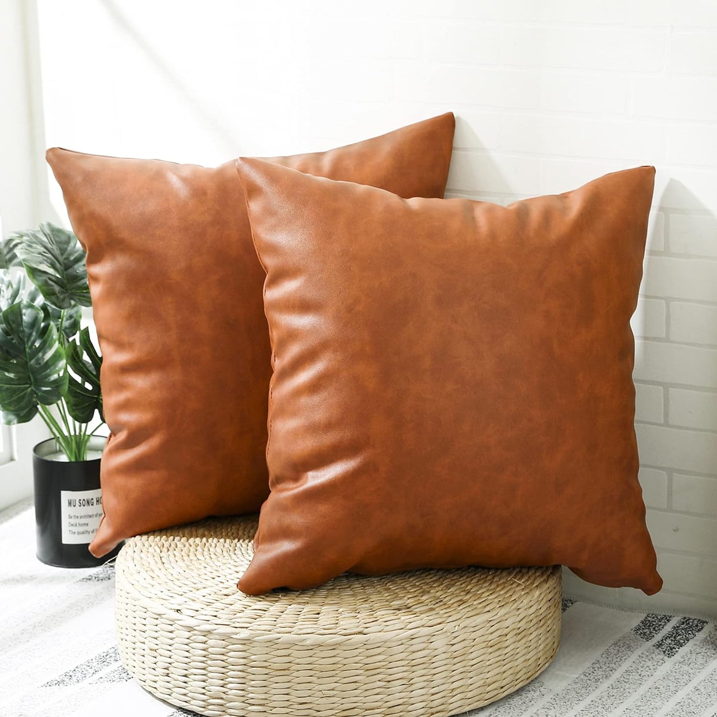 Faux Leather Farmhouse Decorative Throw Pillow Cover, 22x22 Inch, Modern Country Style Accent Pillows for Bedroom and Living Room (Set of 2)