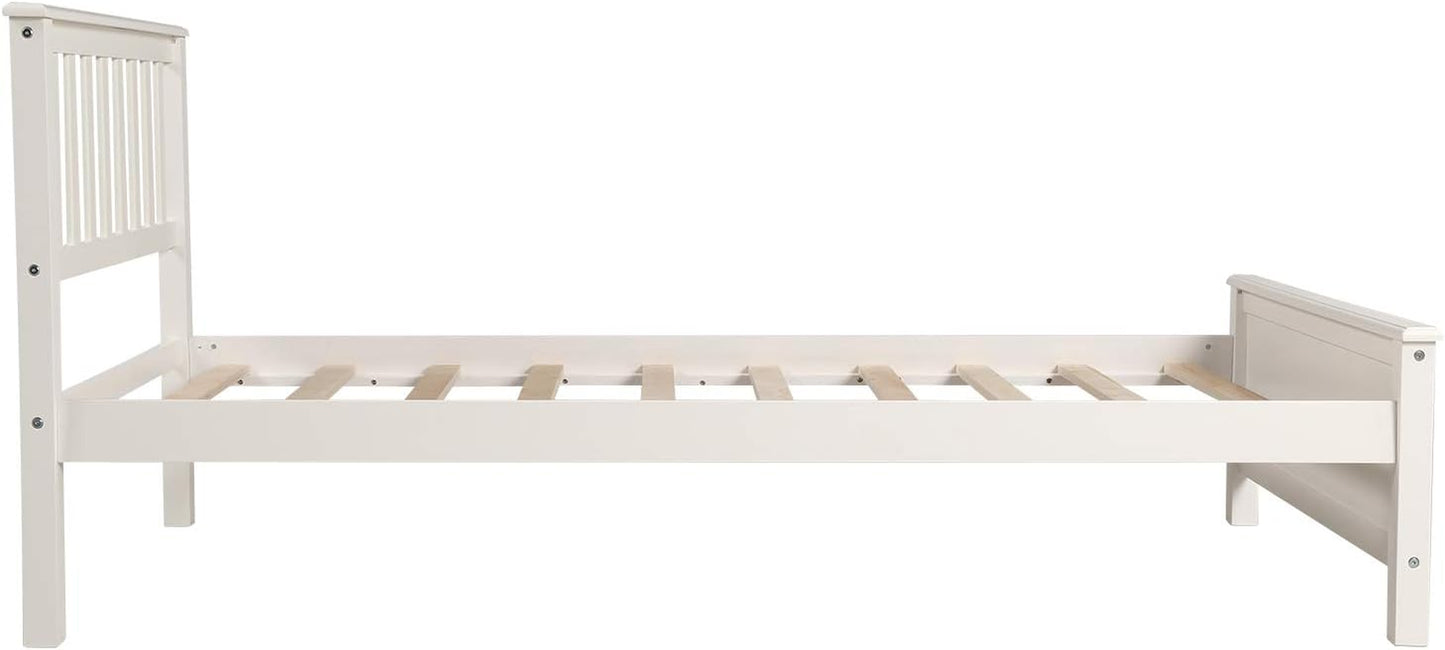 Classic White Wood Twin Bed Frame with Headboard and Footboard - No Box Spring Required