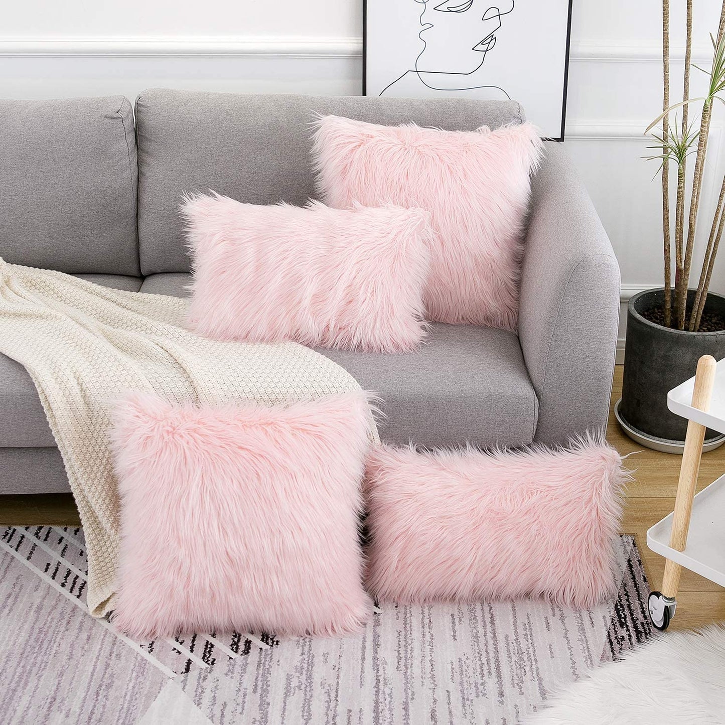 Set of 2 Luxury Blush Faux Fur Decorative Pillow Covers - Merino Style, 18x18 Inch Square Cushions