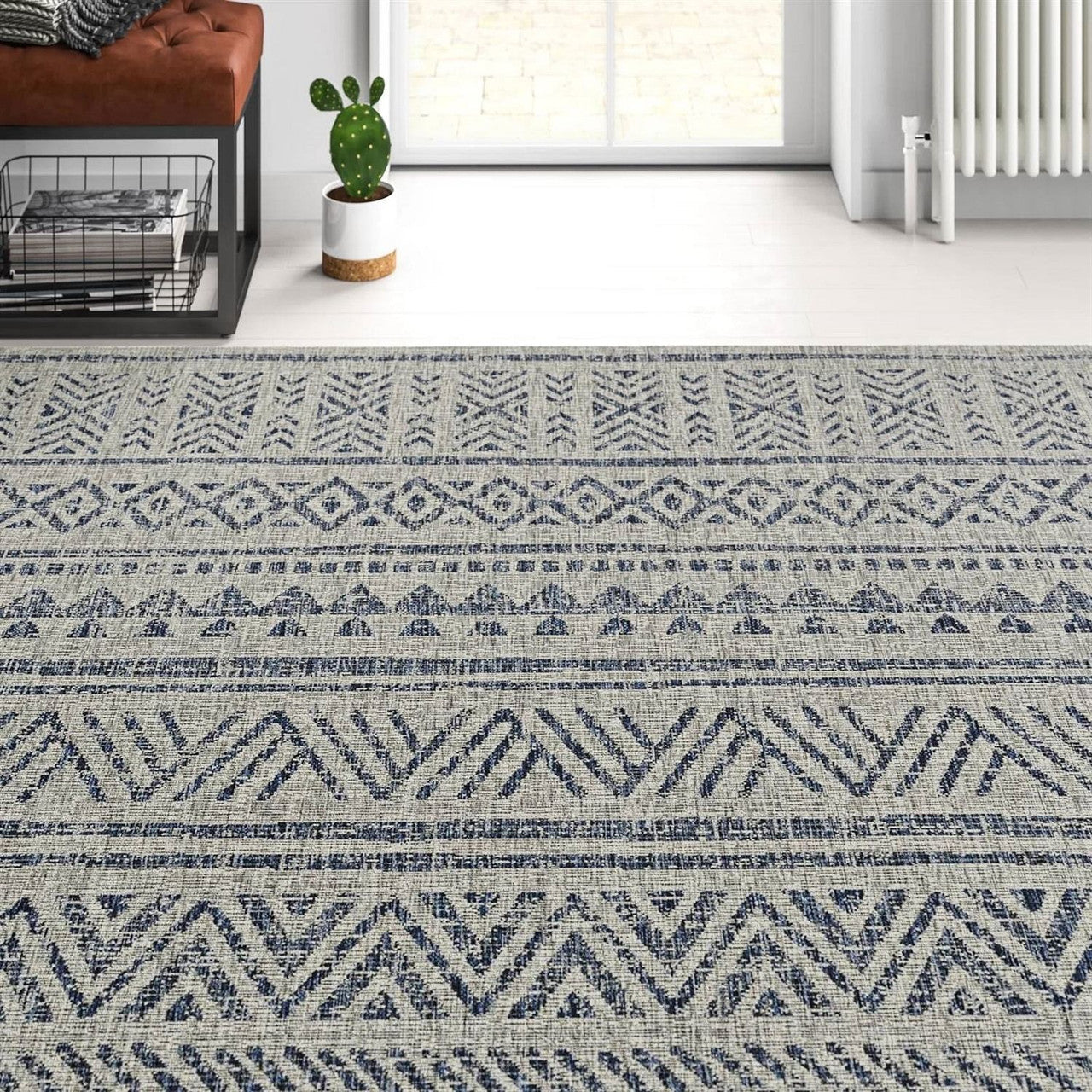 4 ft. x 6 ft. Blue Grey Chevron Coastal Boho Style Indoor Outdoor Area Rug-0
