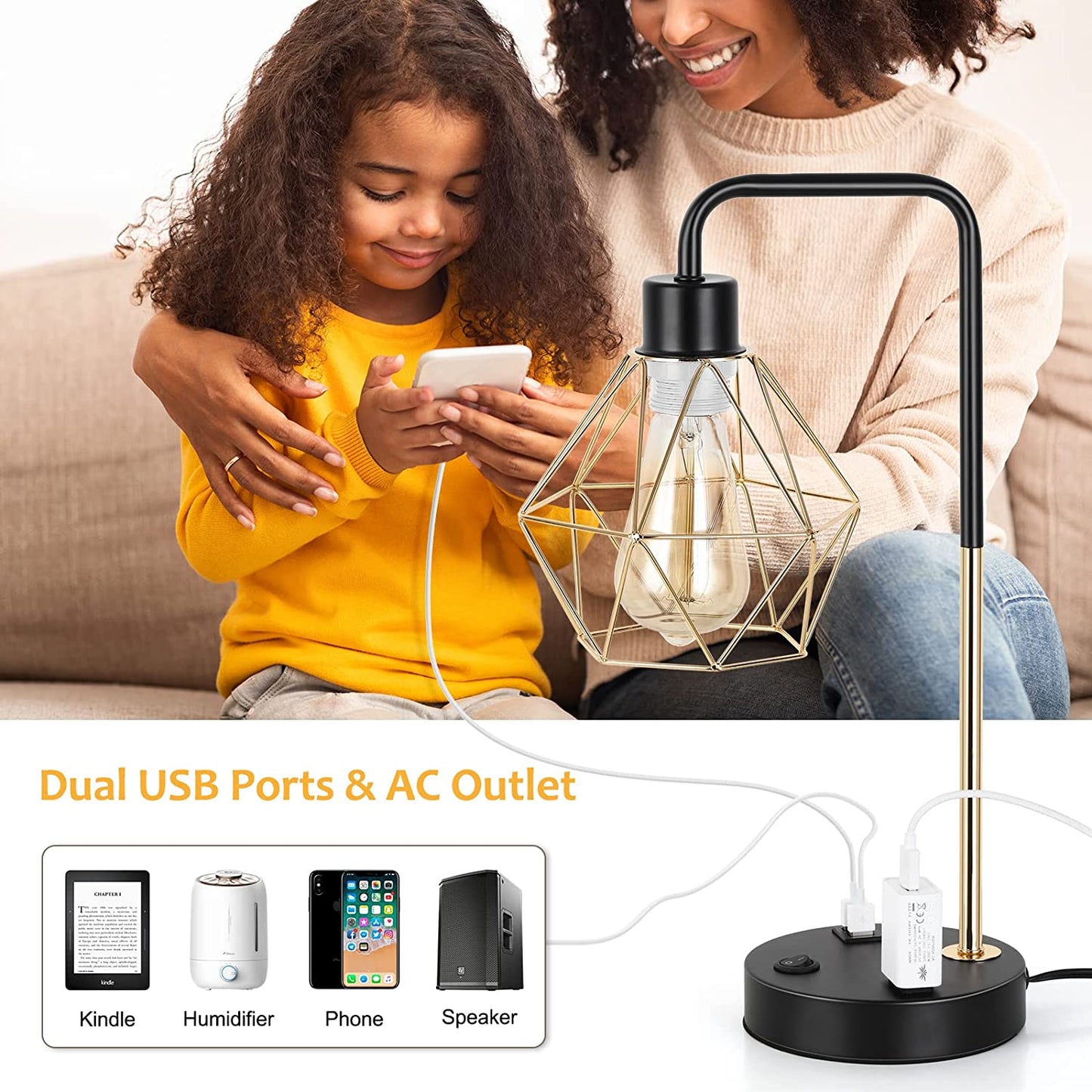 Industrial USB Desk Lamp - Vintage Gold Metal Cage Table Lamp with Dual USB Ports and AC Outlet for Bedroom, Living Room, and Office