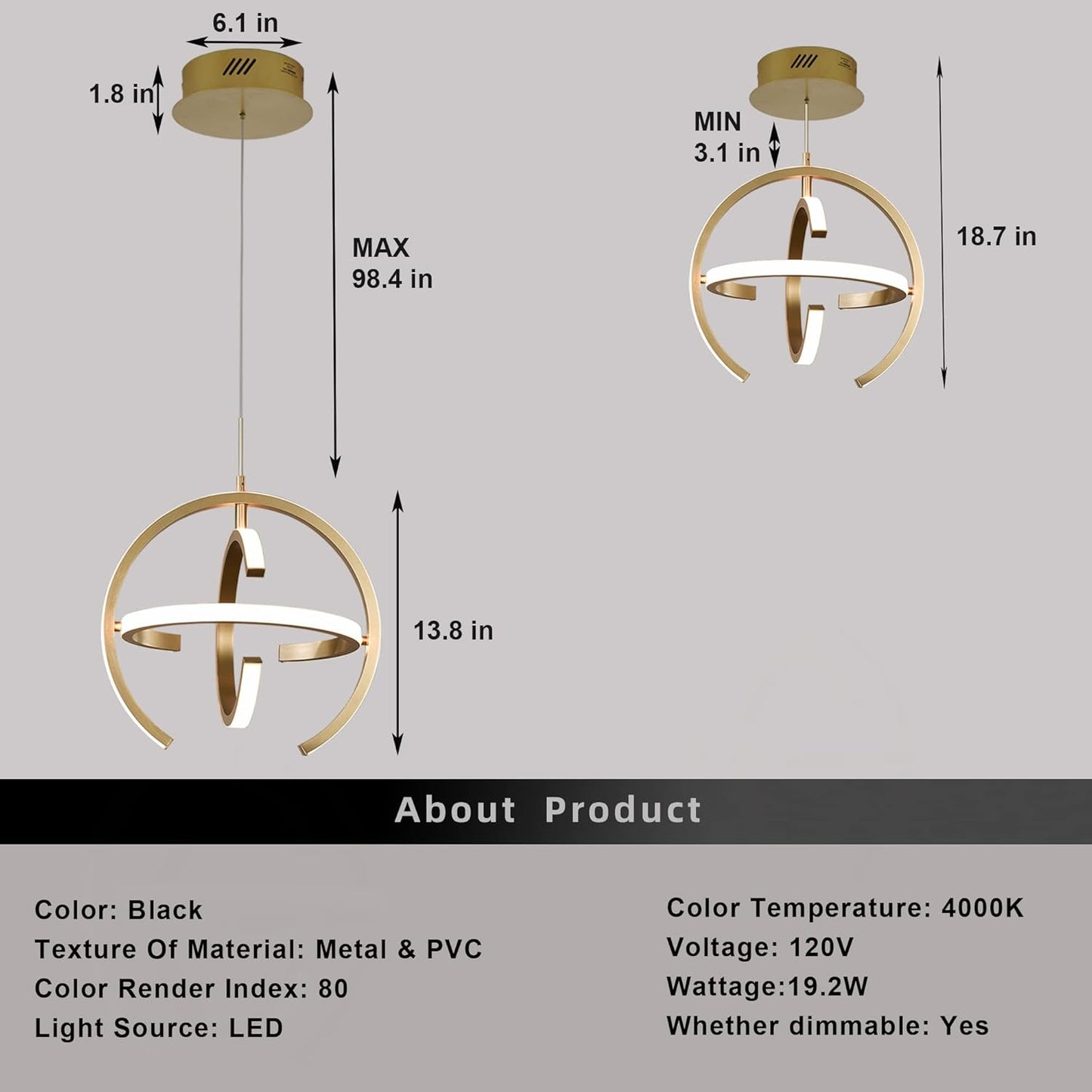 Contemporary LED Chandelier, Gold Globe Pendant Lighting, 4000K Dimmable Indoor Fixture, 19.2W for Dining Room, Kitchen Island, Bedroom, Living Room, and Foyer
