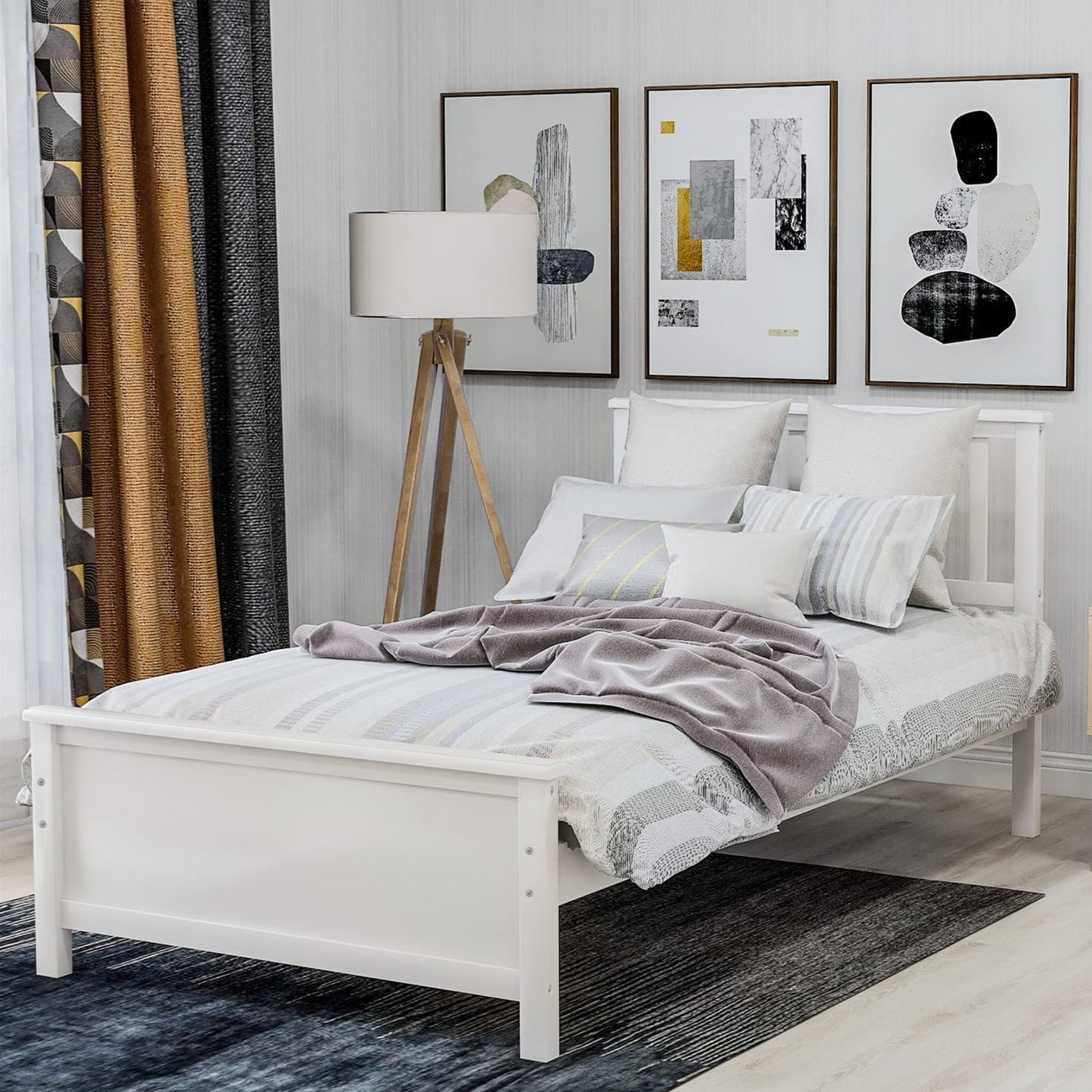 Classic White Wood Twin Bed Frame with Headboard and Footboard - No Box Spring Required