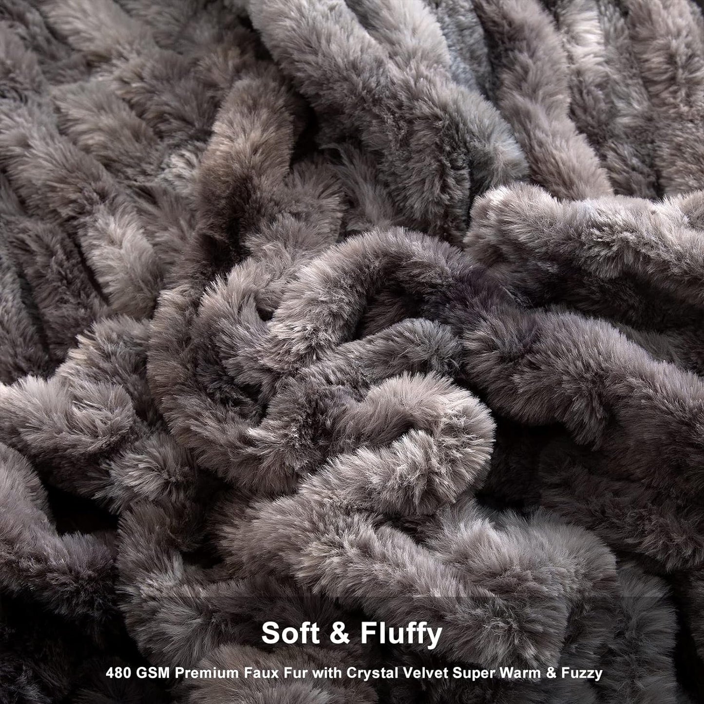 Luxurious Dark Gray Ruched Faux Fur Throw Blanket, 50" x 60" - Cozy Fuzzy Blanket for Couch and Bed