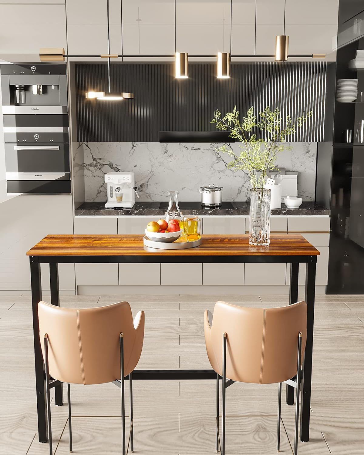 Rectangular Bar Table with Sturdy Metal Frame, 47.24" Teak High Top Counter Height Table for Kitchen, Dining, and Living Room