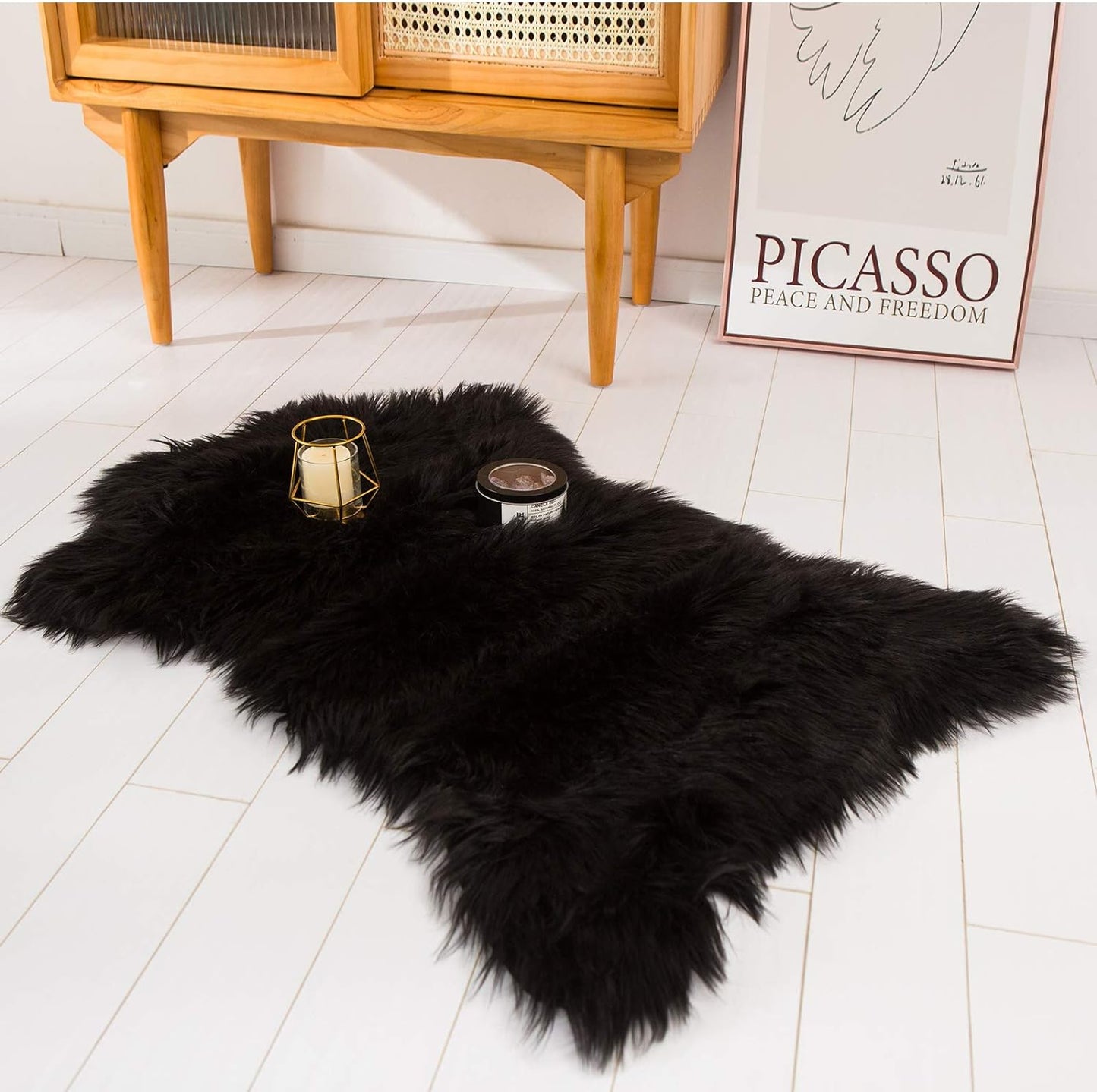 Faux Sheepskin Fur Area Rug Set, Black, 2x3 Feet, Fluffy Soft Plush Shaggy Carpet for Indoor Use, Ideal for Sofa, Chair, Bedroom, Living Room, and Home Décor