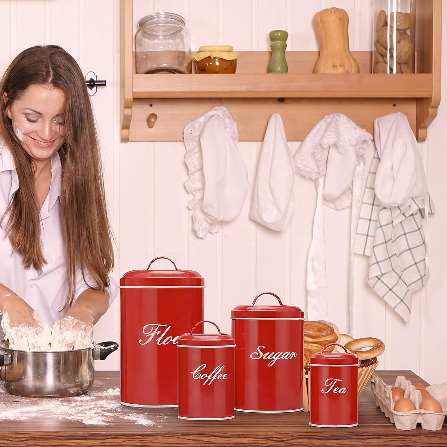 Kitchen Canister Set, Vintage Farmhouse Food Storage Containers for Flour and Coffee, 4-Pack with Removable Lids (Red)