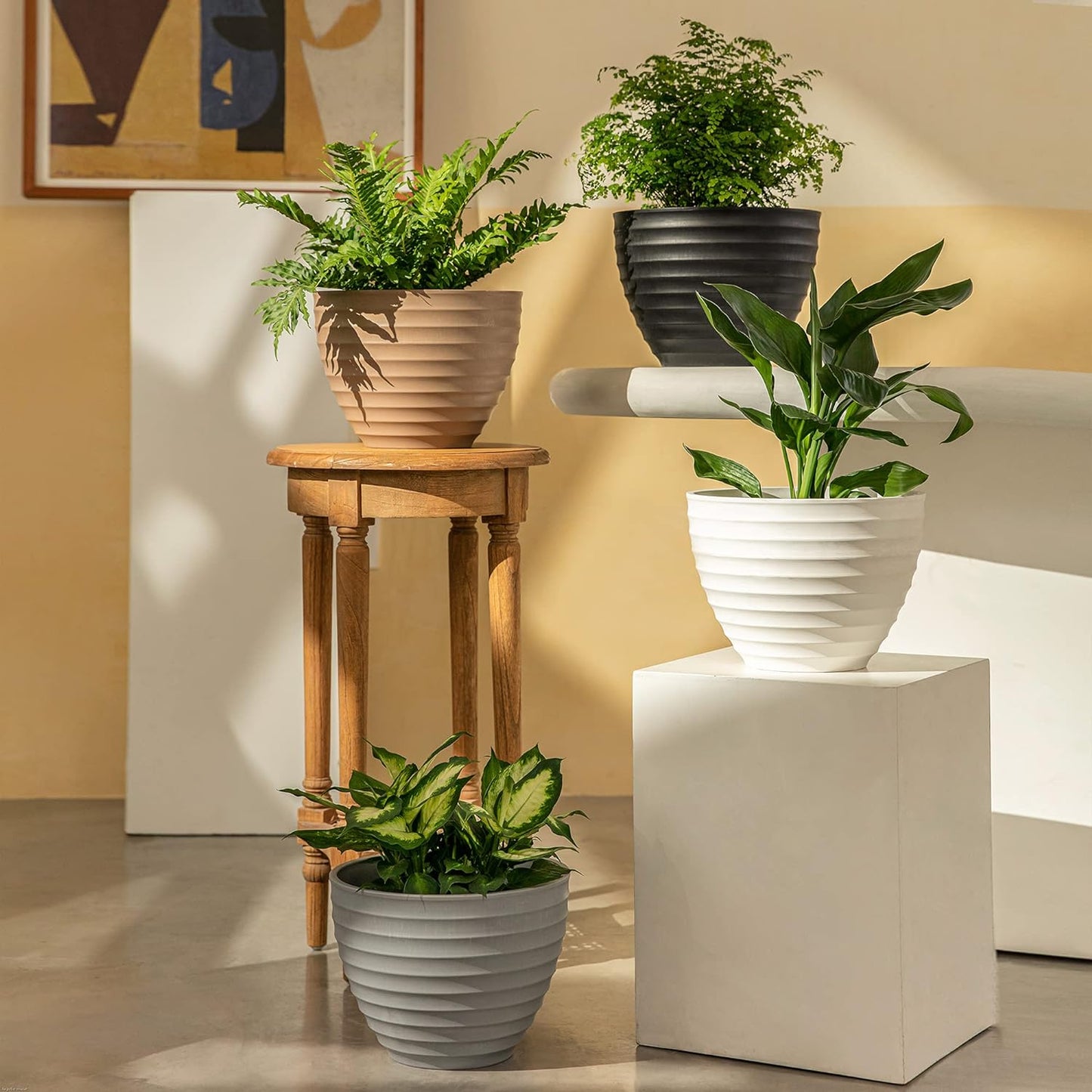 10.2-Inch Fluted White Stone Flower Pot - Versatile Indoor and Outdoor Planter