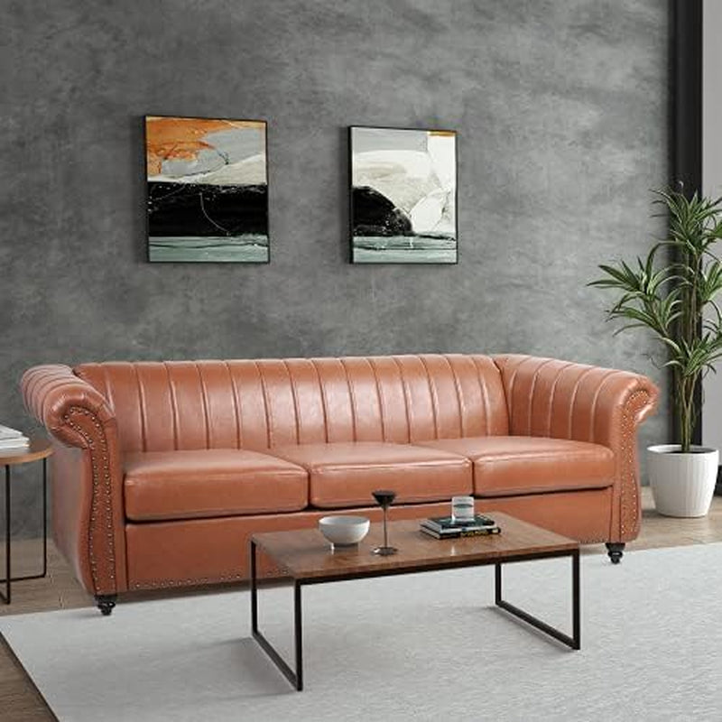 Chesterfield 3-Seater Sofa in PU Leather with Rolled Arms and Studded Accents, Featuring Rotating Solid Wood Legs for Living Room (Bronze)