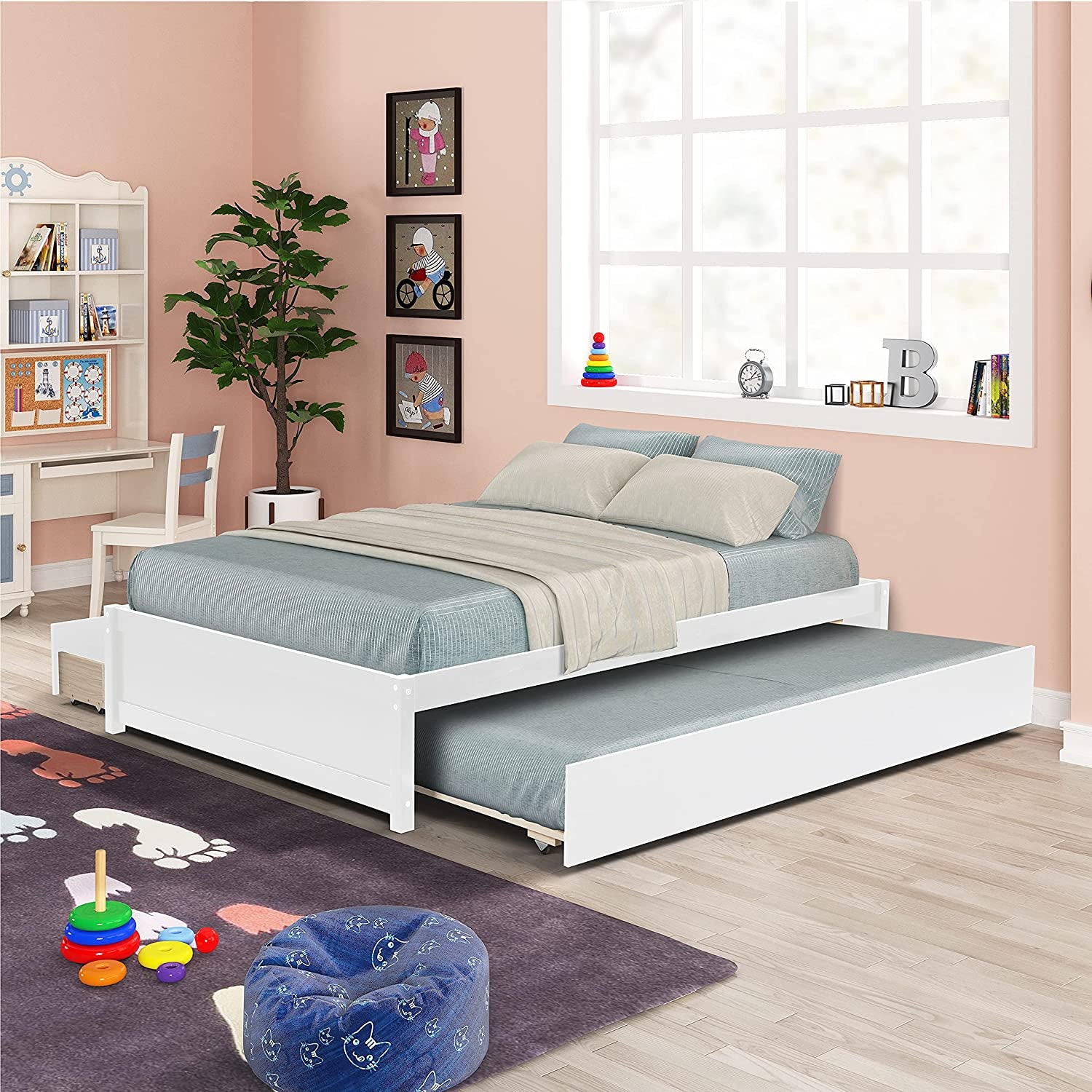 Full Bed with Trundle and Dual Storage Drawers, Space-Saving Wood Platform Bed Frame for All Ages (Full, White)