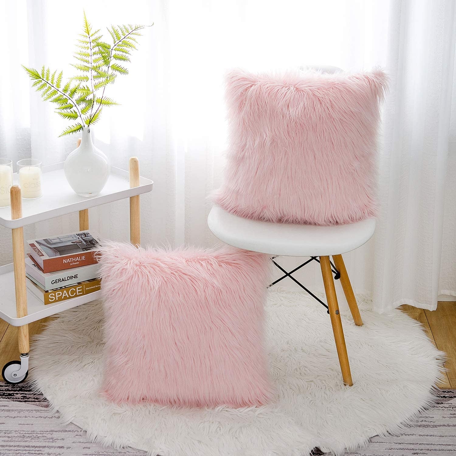 Set of 2 Luxury Blush Faux Fur Decorative Pillow Covers - Merino Style, 18x18 Inch Square Cushions