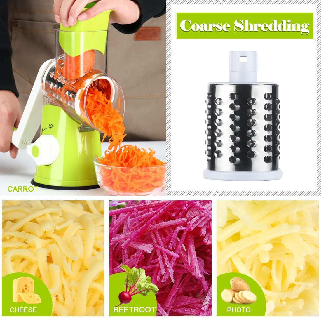 Hand Crank Rotary Cheese Grater and Kitchen Shredder with Drum Blades for Cheese, Vegetables, Nuts, and Chocolate - Includes 3 Blades, Green