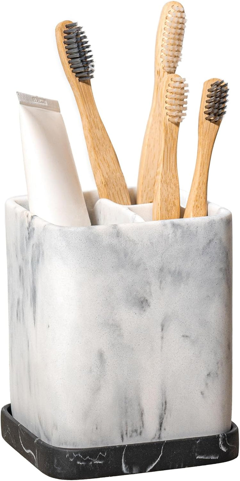 Marble-Effect Electric Toothbrush and Makeup Brush Holder with Detachable Tray - Bathroom Organizer for Countertop Use