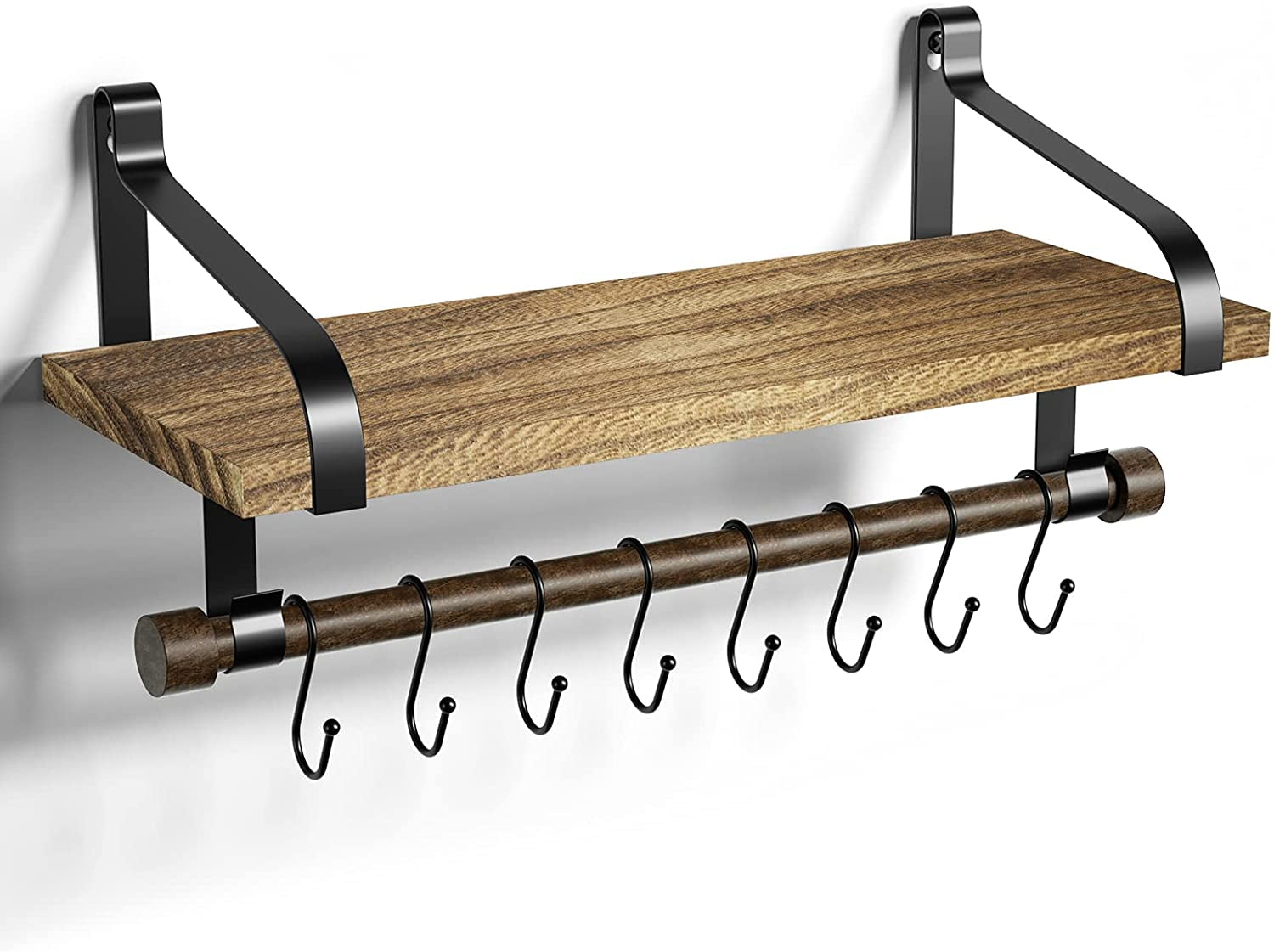 Rustic Carbonized Black Floating Shelf with Towel Bar and 8 Removable Hooks for Kitchen Spice Organization and Utensil Storage