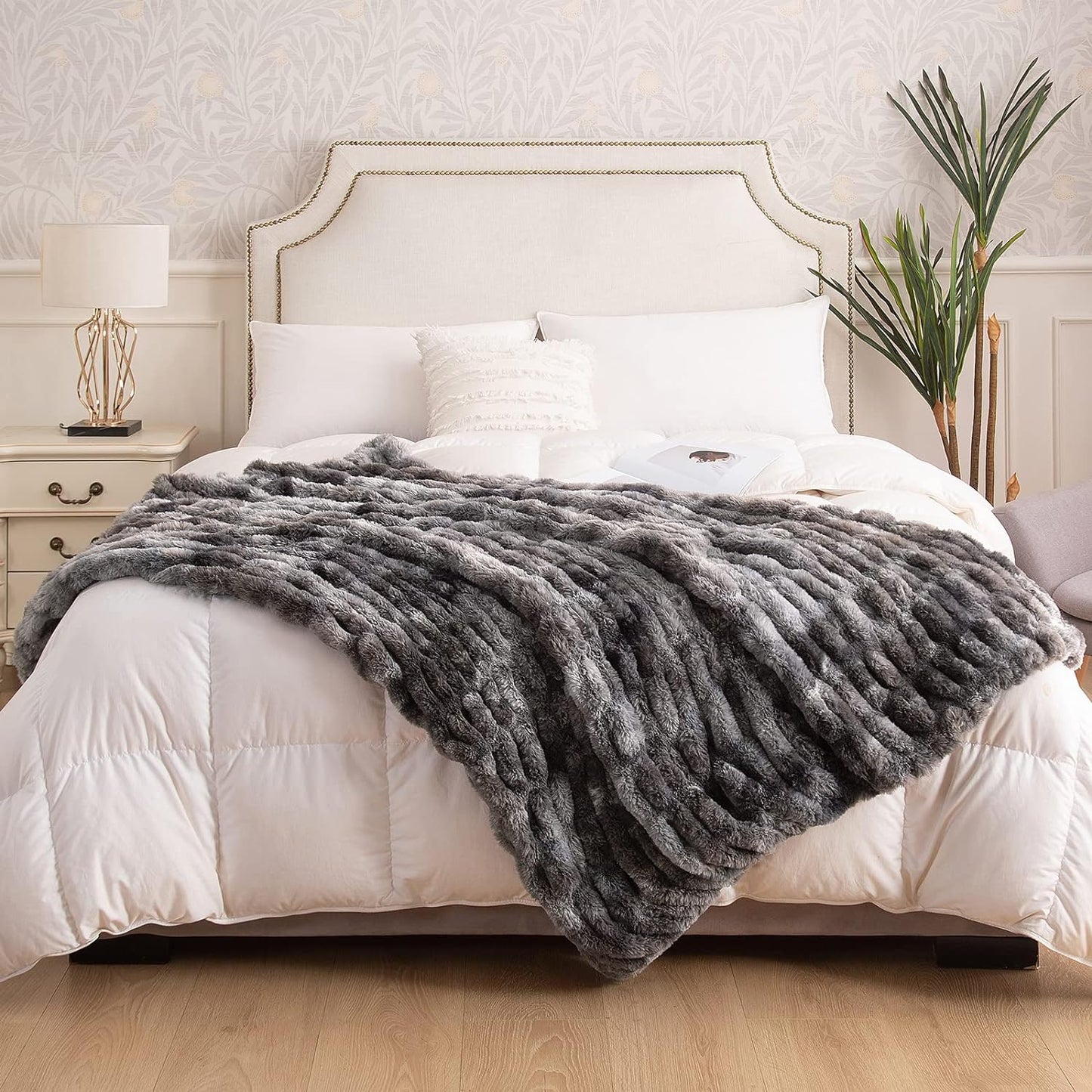 Luxurious Dark Gray Ruched Faux Fur Throw Blanket, 50" x 60" - Cozy Fuzzy Blanket for Couch and Bed