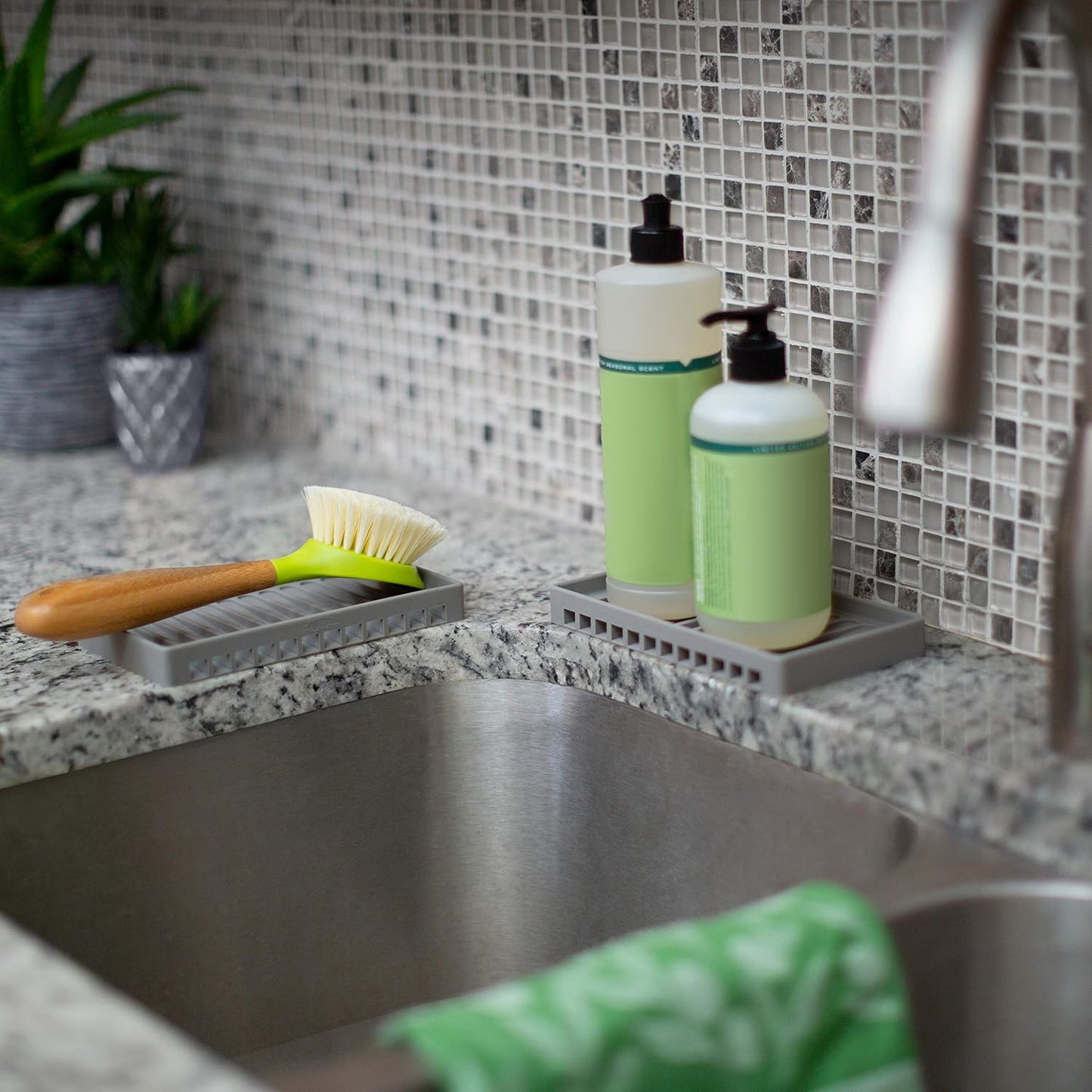 Set of 2 Self-Draining Silicone Soap Trays for Kitchen and Bathroom Sink Organization