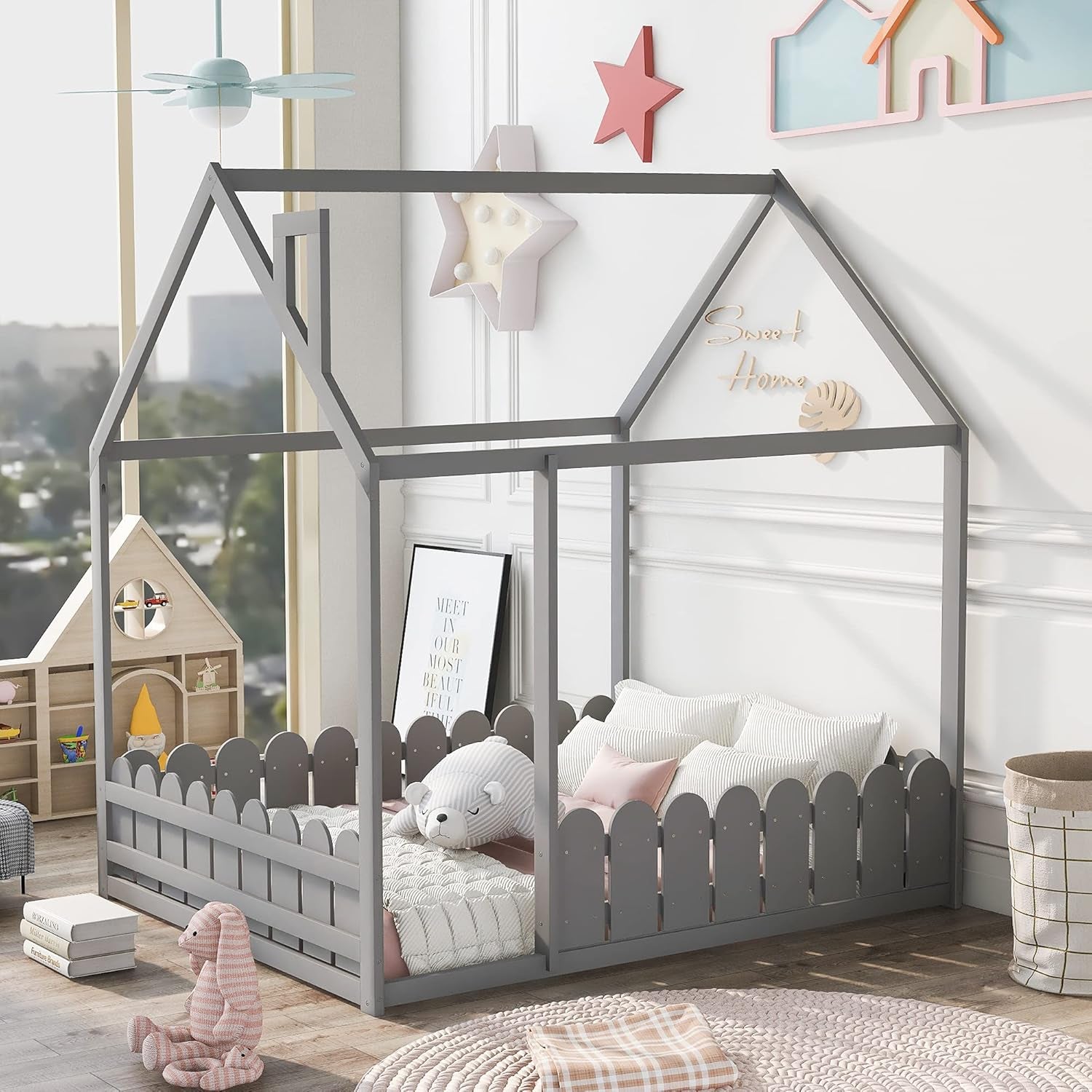 Full-Size House Bed for Children with Roof and Fence, Wooden Bed Frame for Kids, Teens, and Nursery, Easy Assembly Cabin Floor Bed
