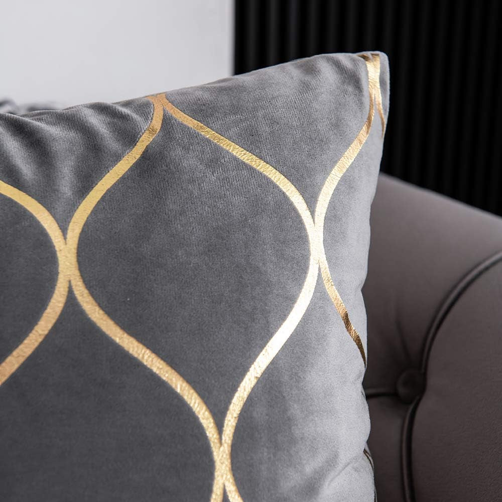 Gold Velvet Decorative Throw Pillow Covers - Set of 2, 18x18 Inch Square Cases for Bedroom, Sofa, and Living Room, Light Grey